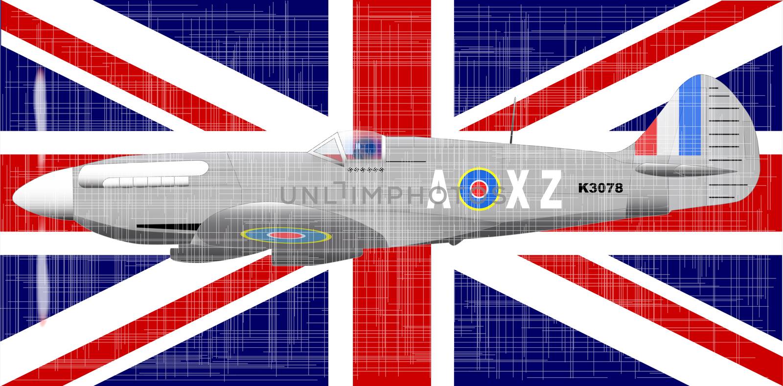 The British Union Jack flag and fighter aircraft with a heavy grunge effect.