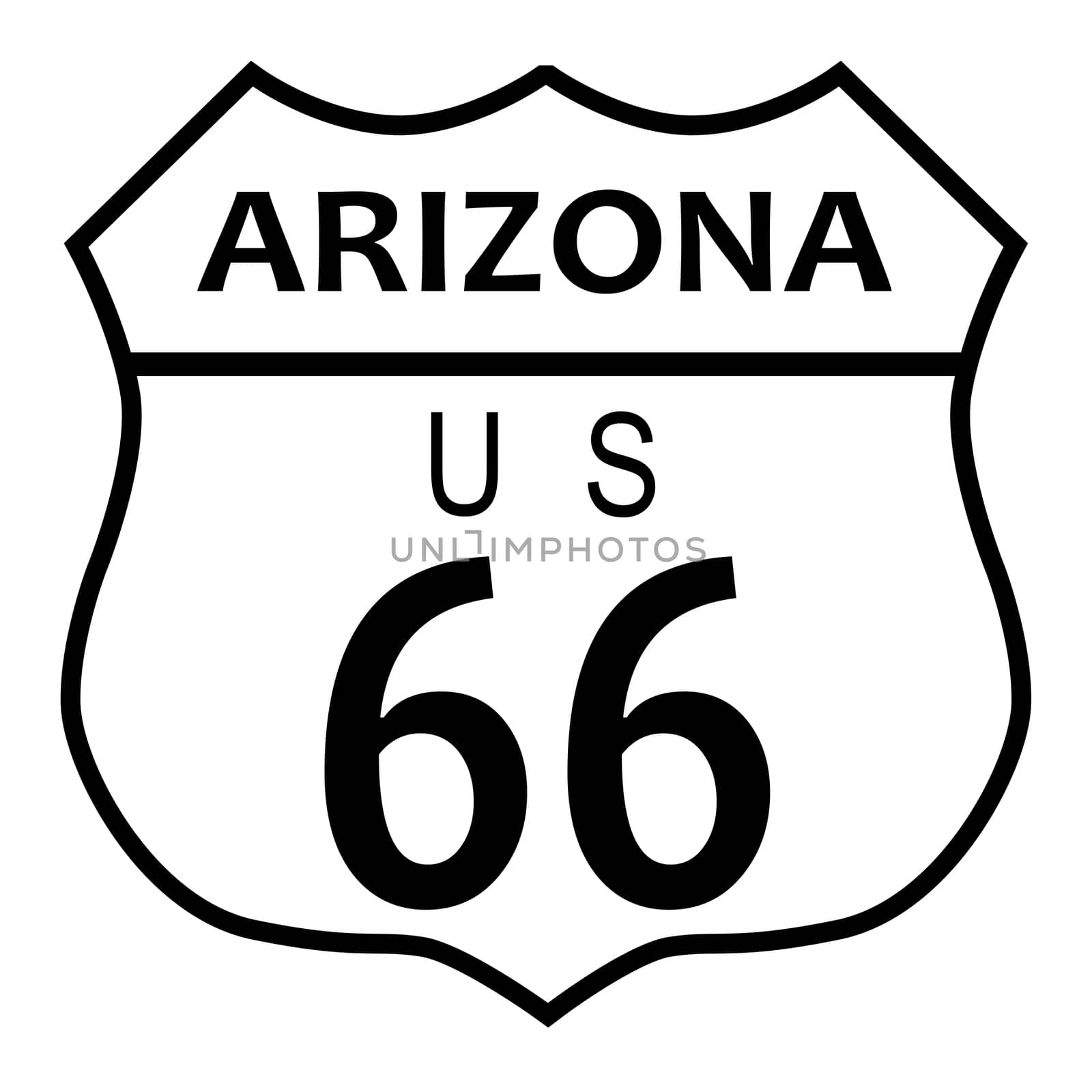 Route 66 traffic sign over a white background and the state name Arizona