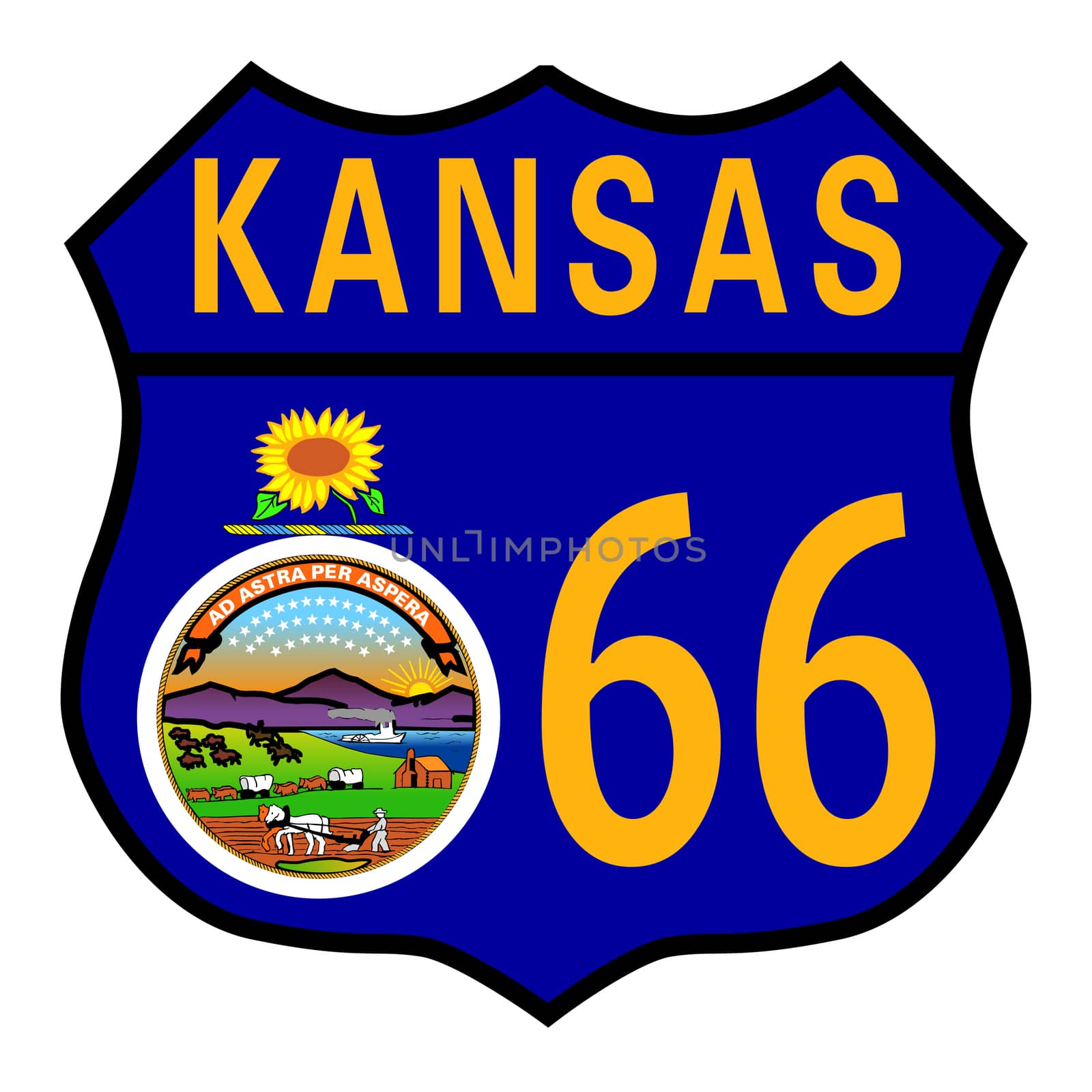 Route 66 traffic sign over a white background and the state name Kansas with flag