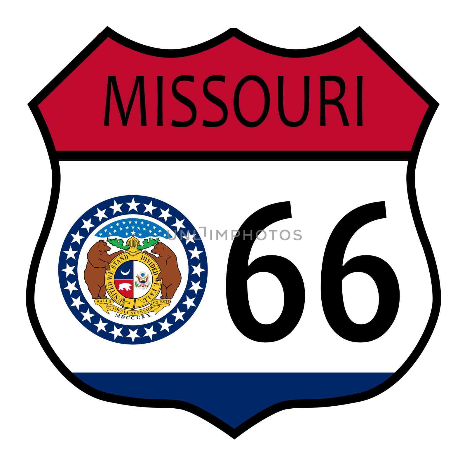 Route 66 traffic sign over a white background and the state name Missouri with flag