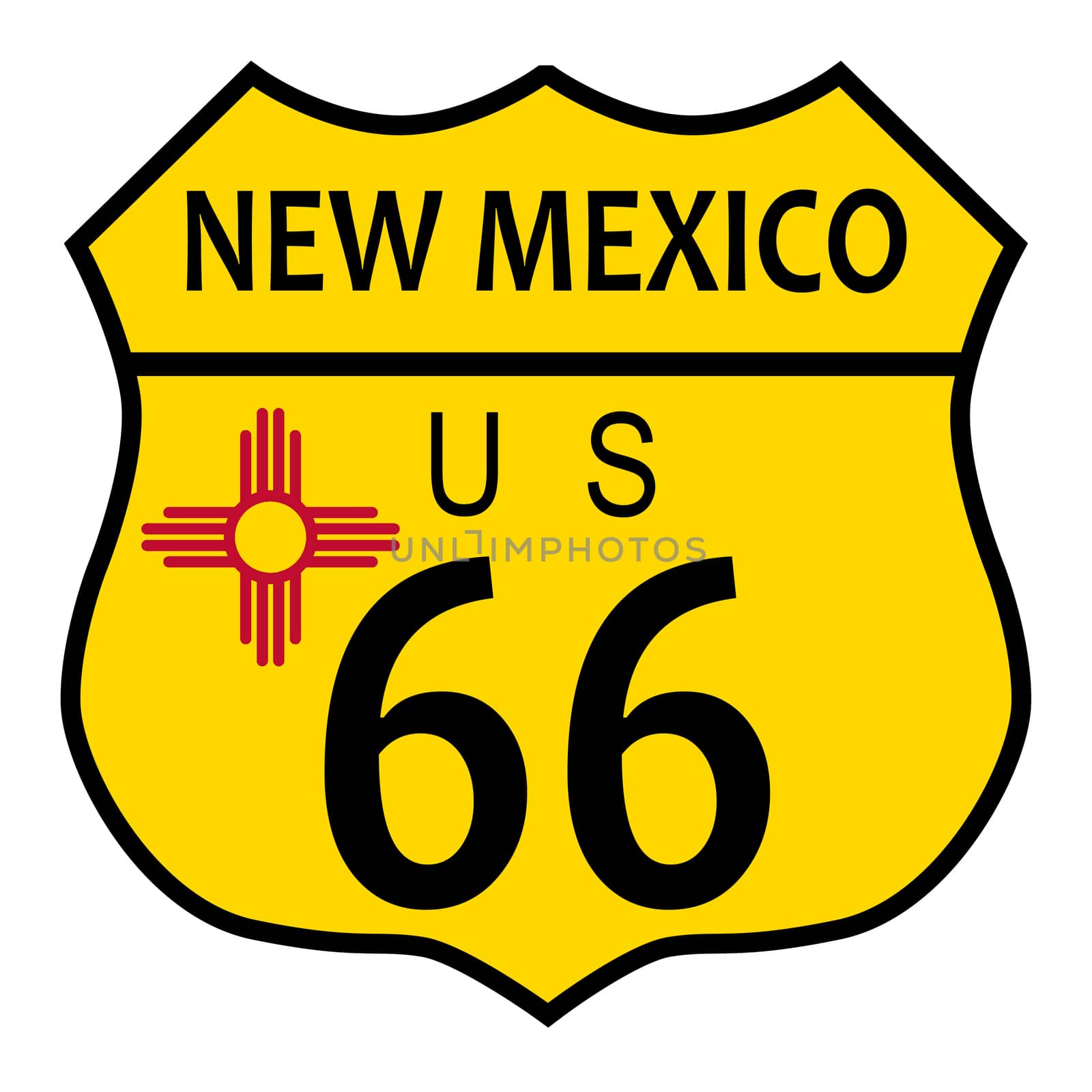 Route 66 traffic sign over a white background and the state name New Mexico and flag