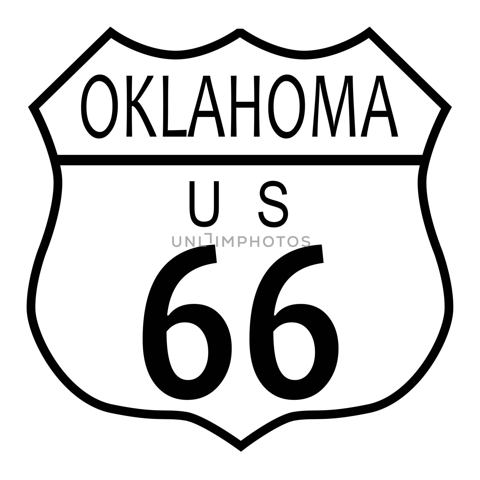 Route 66 traffic sign over a white background and the state name Oklahoma