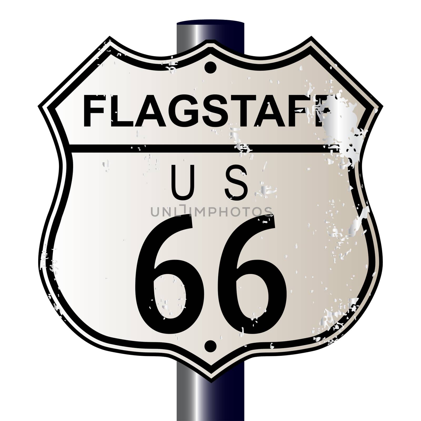 Flagstaff Route 66 traffic sign over a white background and the legend ROUTE US 66