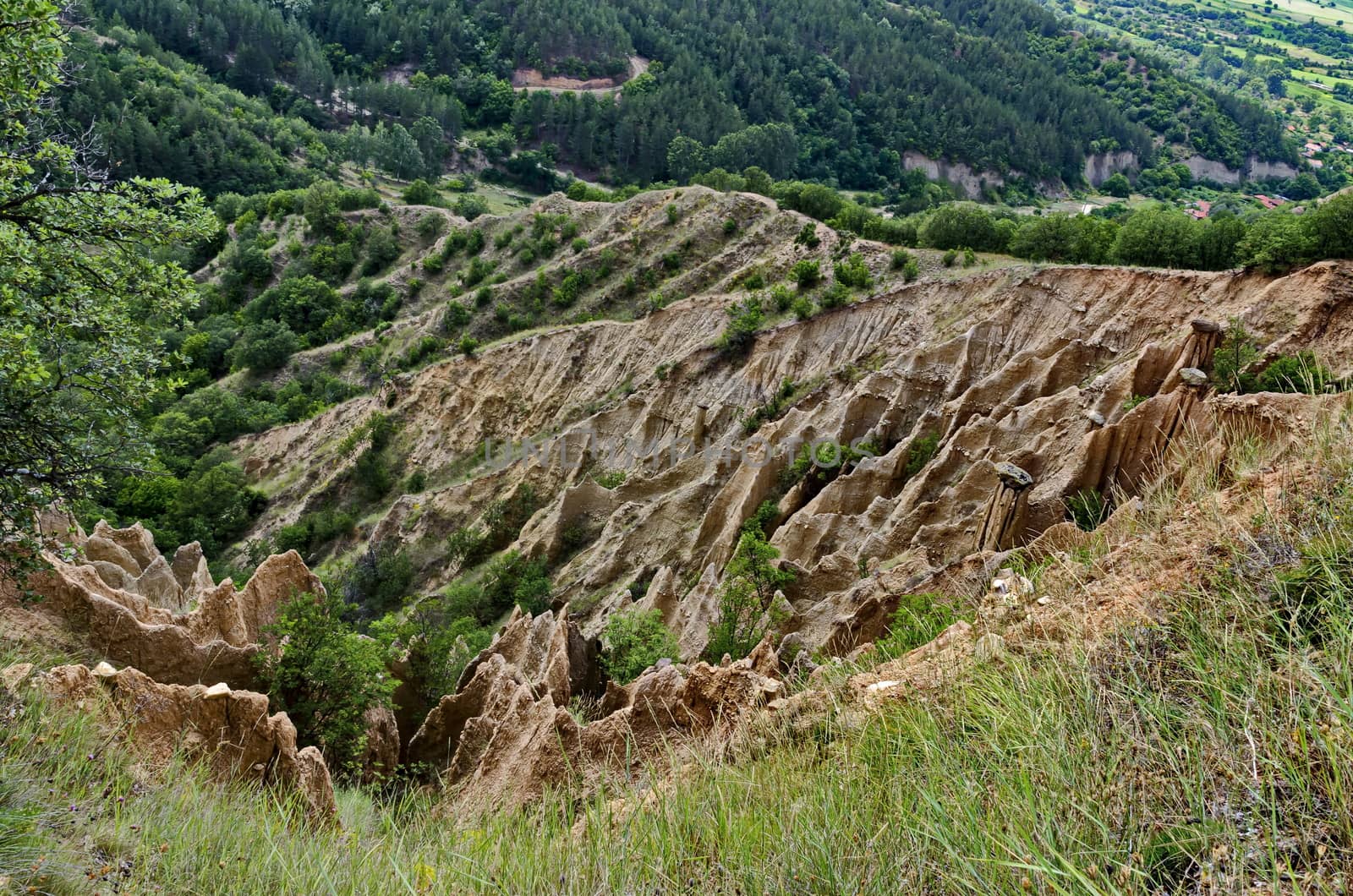 Fragment of the famous Stob Pyramids with unusual shape red and yellow rock formations, green bushes and trees around, west share of Rila mountain, Kyustendil region, Bulgaria, Europe