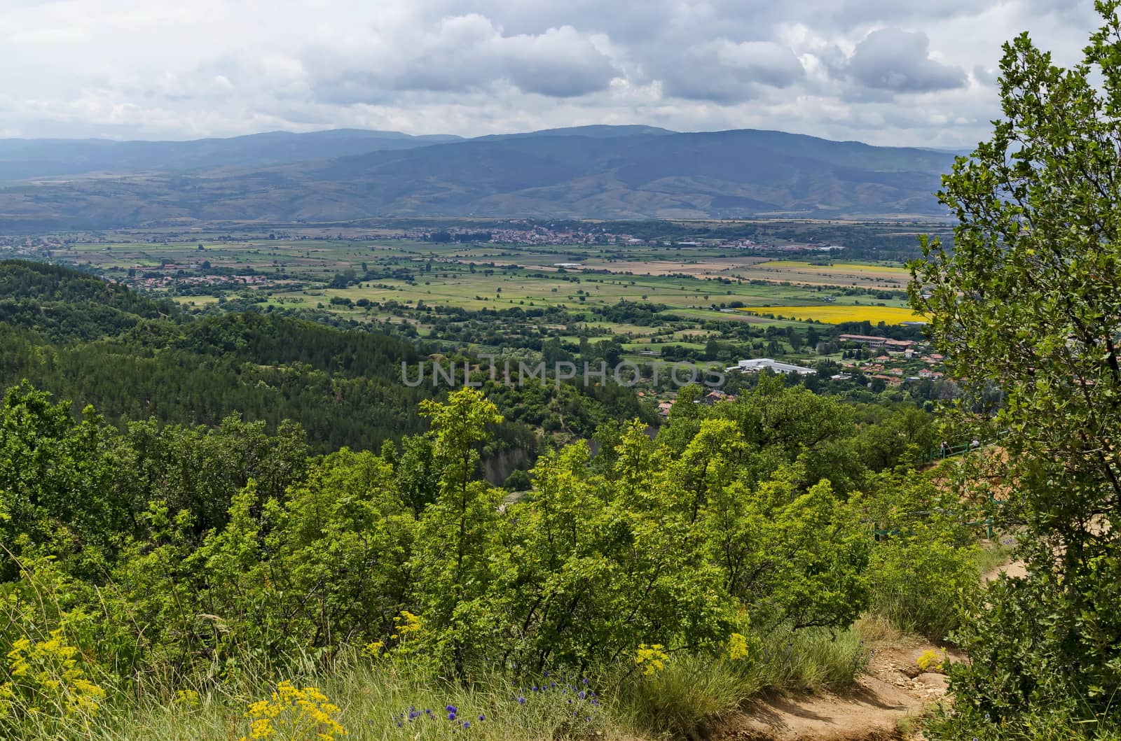 A view from path on the slope of the Stob Pyramids to the valley of the village of Stob, Rila mountain, Kyustendil region, Bulgaria, Europe