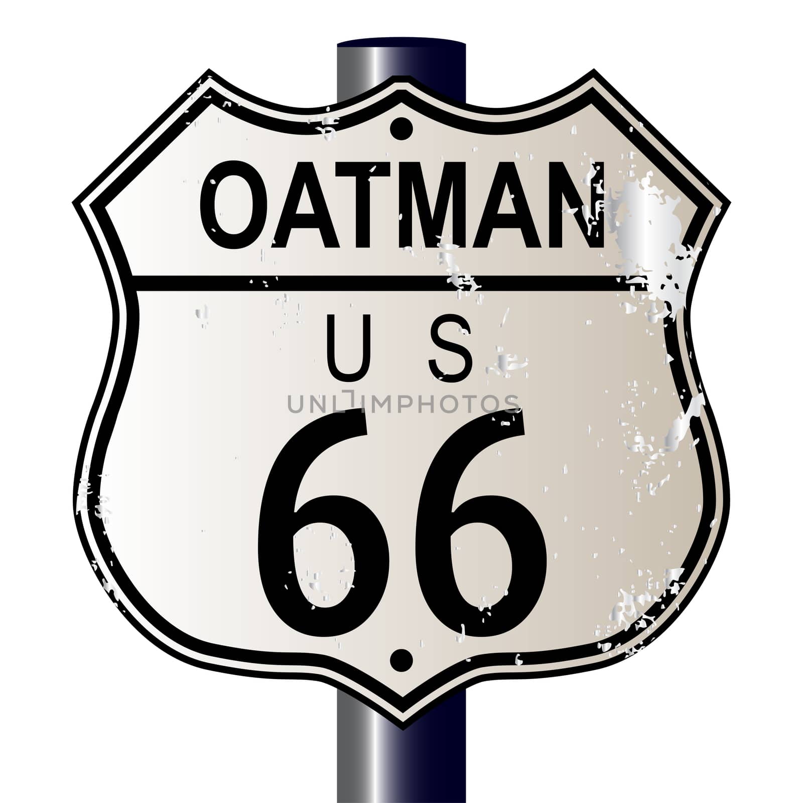 Oatman Route 66 traffic sign over a white background and the legend ROUTE US 66