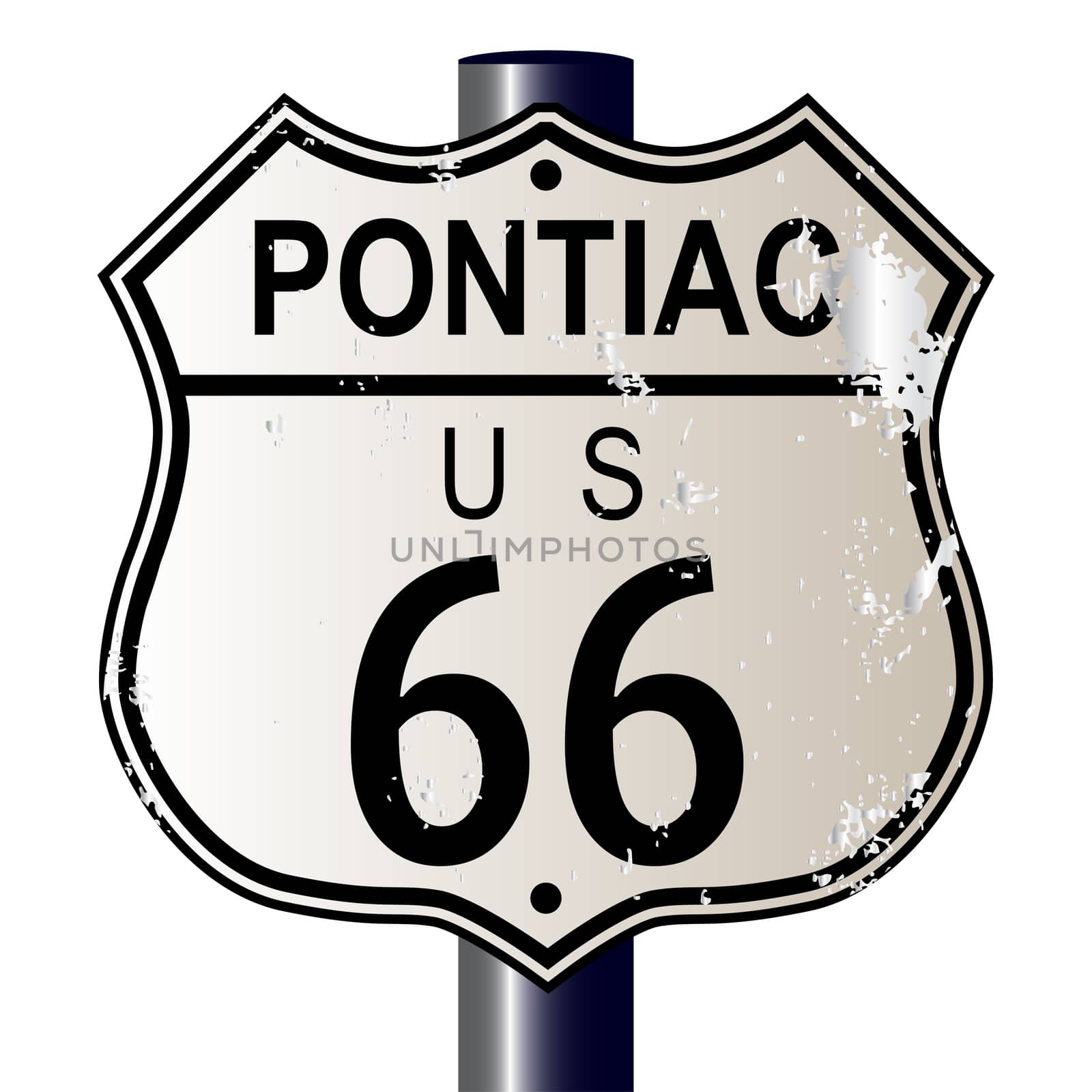 Pontiac Route 66 traffic sign over a white background and the legend ROUTE US 66