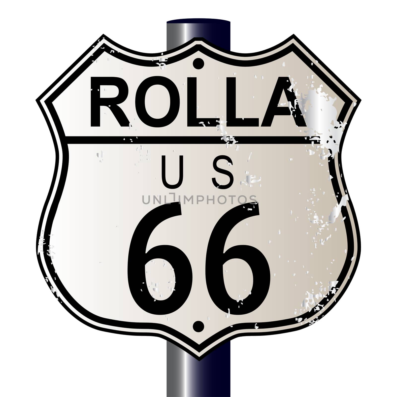 Rolla Route 66 traffic sign over a white background and the legend ROUTE US 66