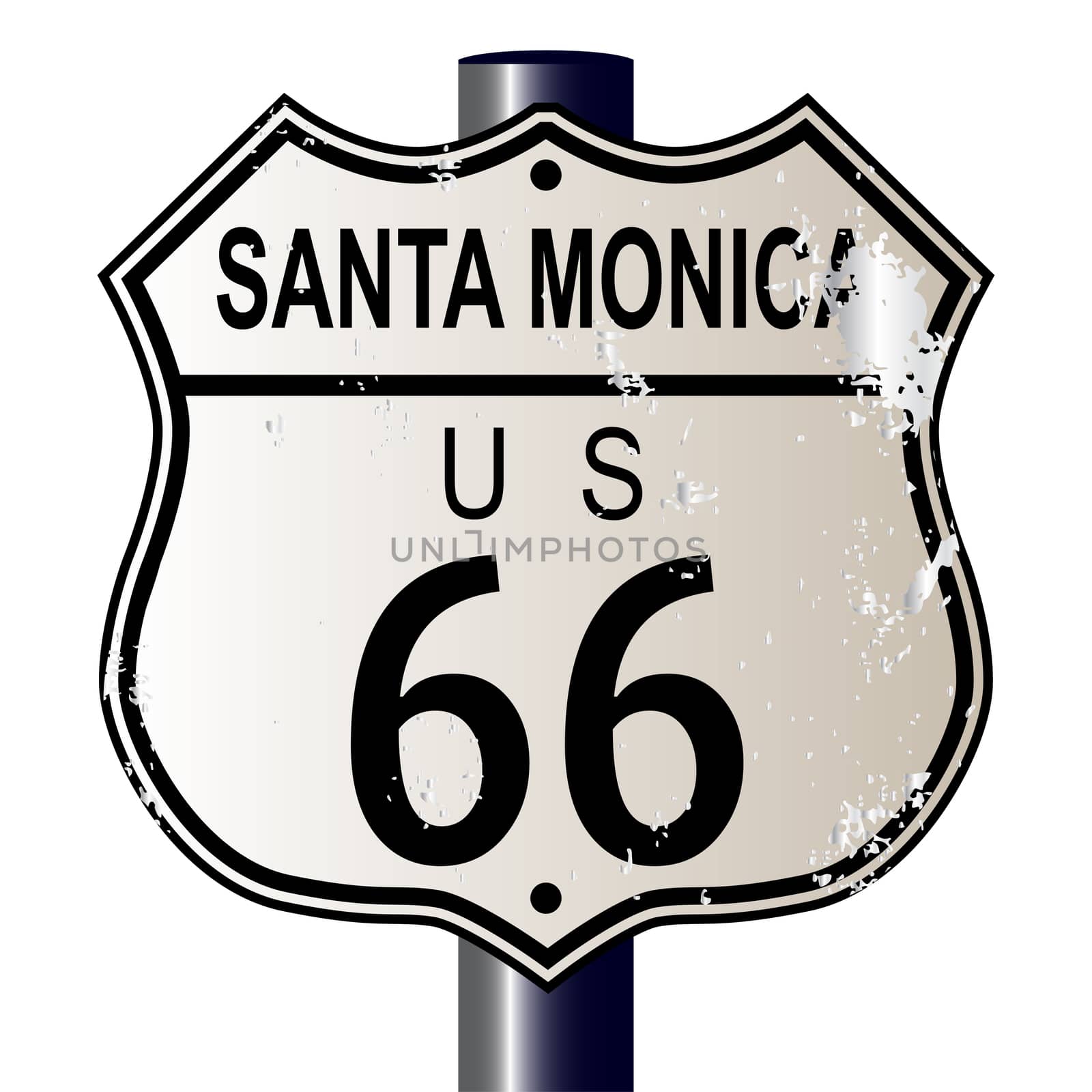 Santa Monica Route 66 traffic sign over a white background and the legend ROUTE US 66