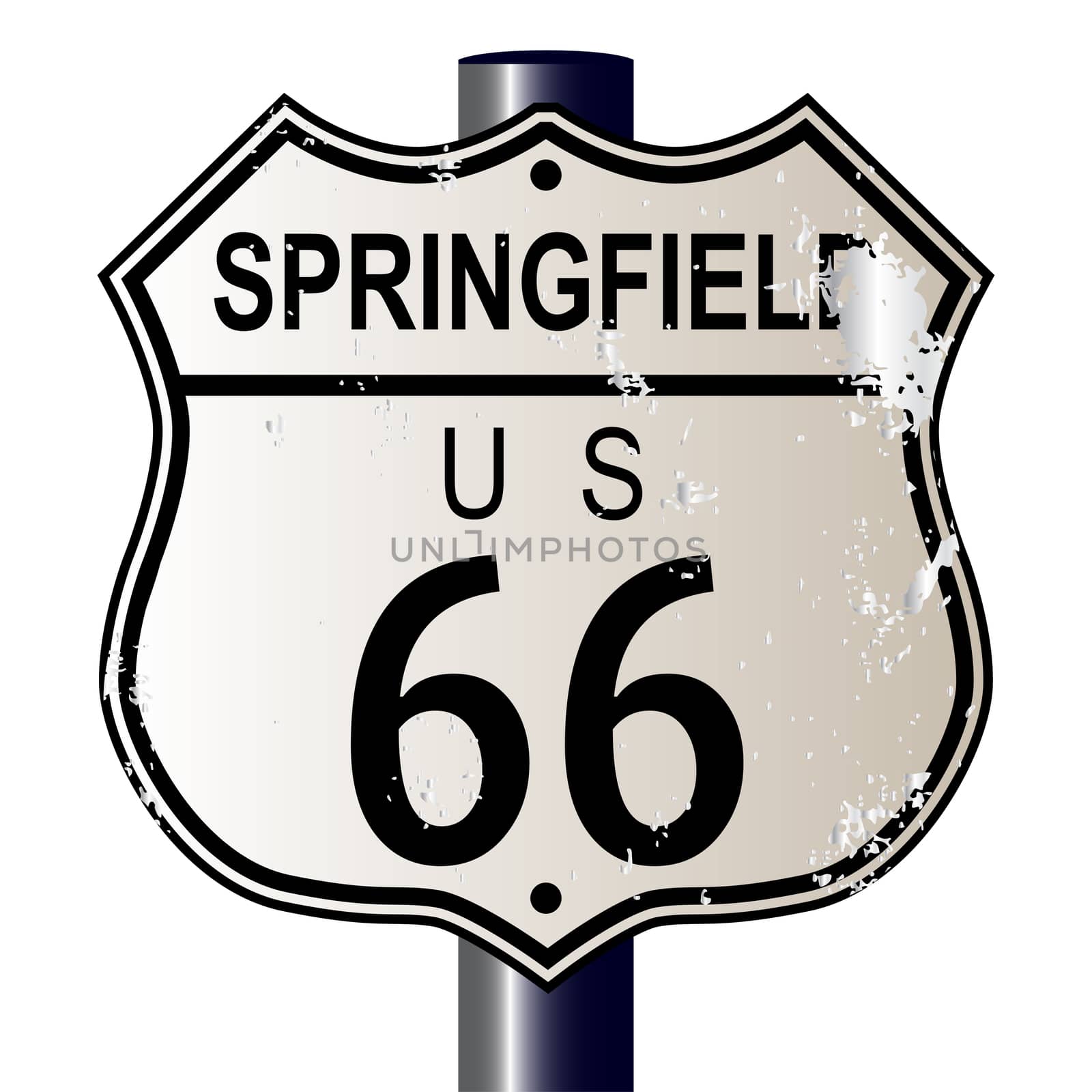 Springfield Route 66 traffic sign over a white background and the legend ROUTE US 66