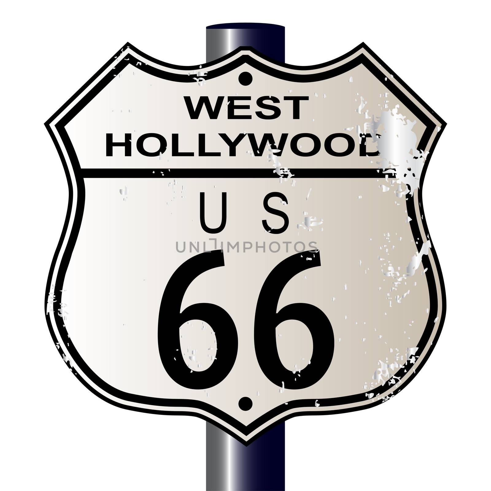 West Hollywood Route 66 traffic sign over a white background and the legend ROUTE US 66