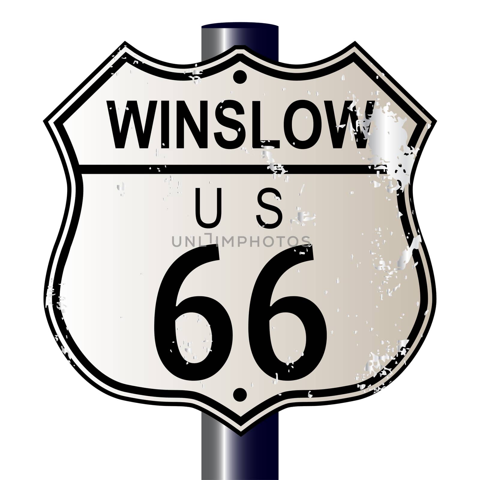 Winslow Route 66 traffic sign over a white background and the legend ROUTE US 66