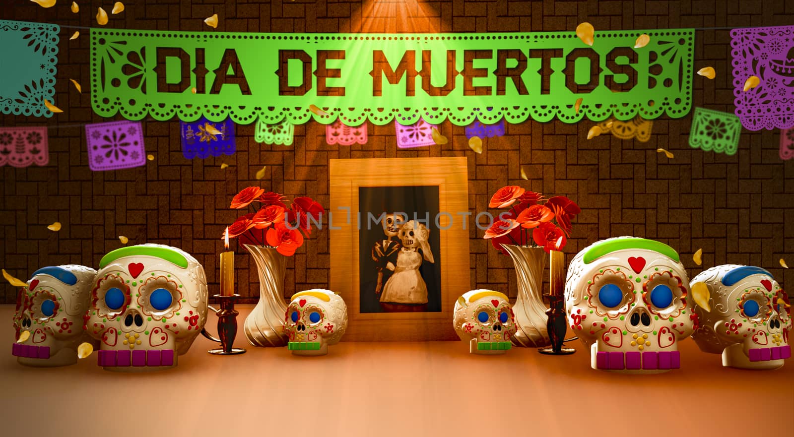 Day of the dead offering, Mexican ofrenda with a picture of a couple space and the phrase in spanish: dia de muertos