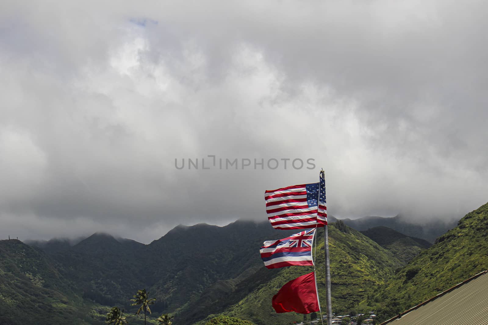 USA flag at Hawaii green hills on a cloudy day by oasisamuel