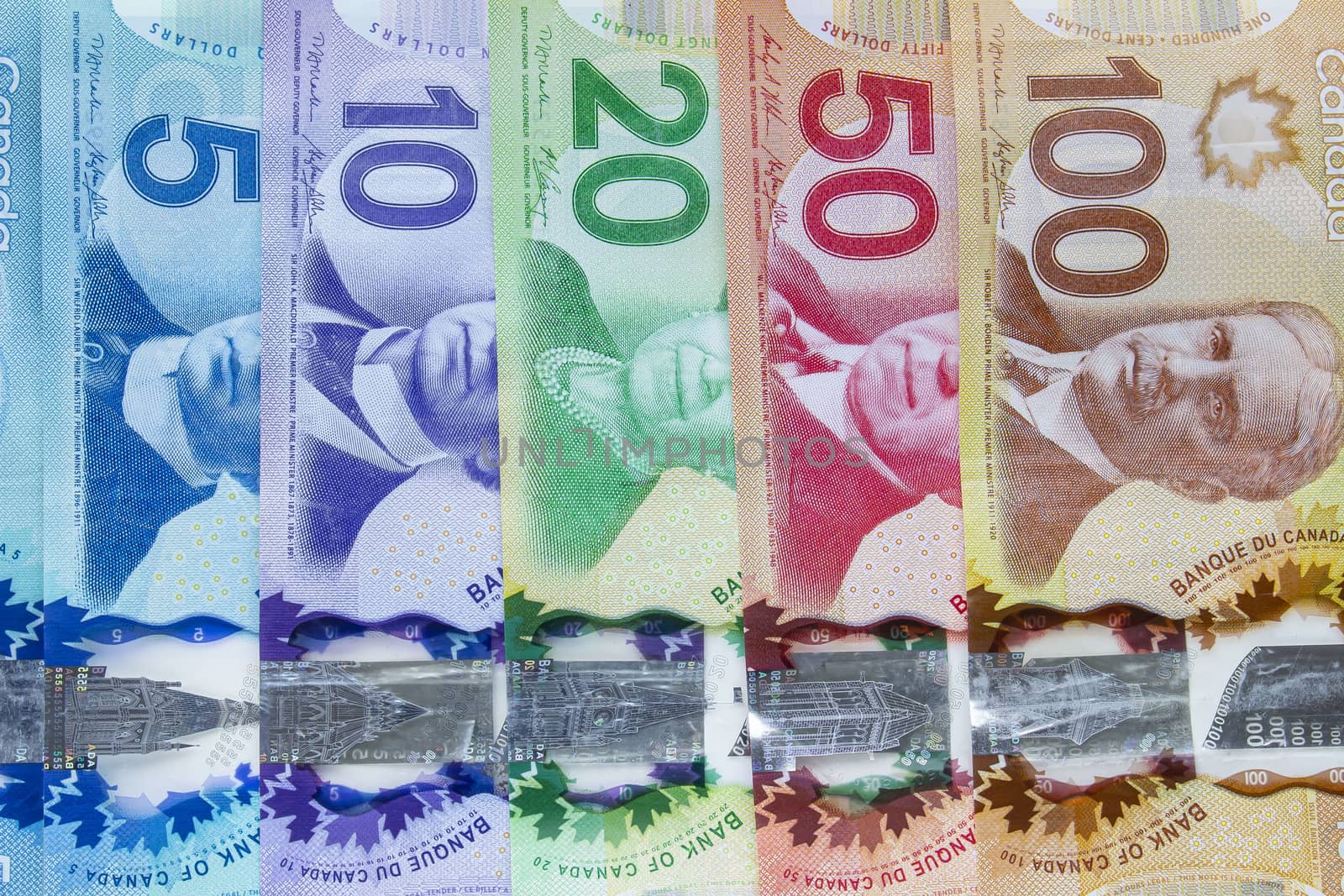 Calgary Alberta, Canada. Jan 27 2020. Canadian bills line up on a vertical view. Canadian dollar tumbles to seven-week low as virus contagion escalates. Illustrative.