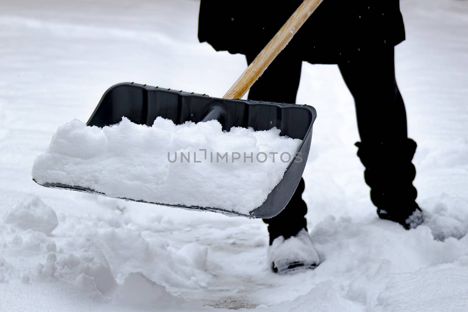 Female shovelling snow with a shovel full of snow, during winter. by oasisamuel