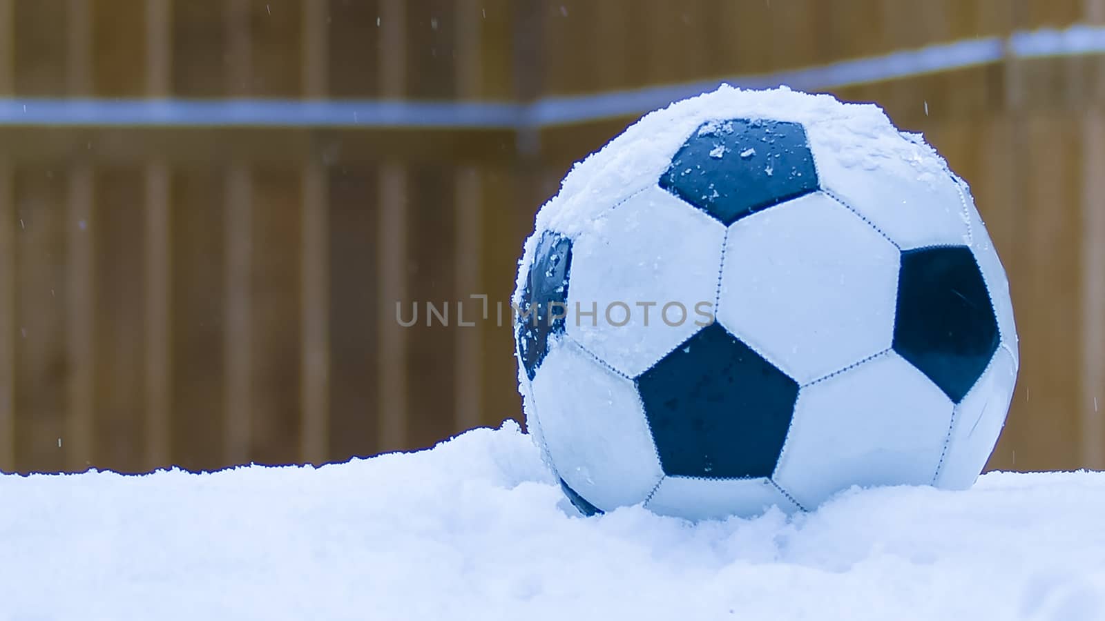 Football on snow during a winter snow storm with a wooden fence background