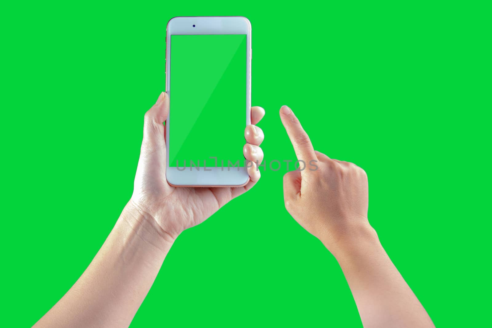 Smart phone hold by a woman on a green screen by oasisamuel