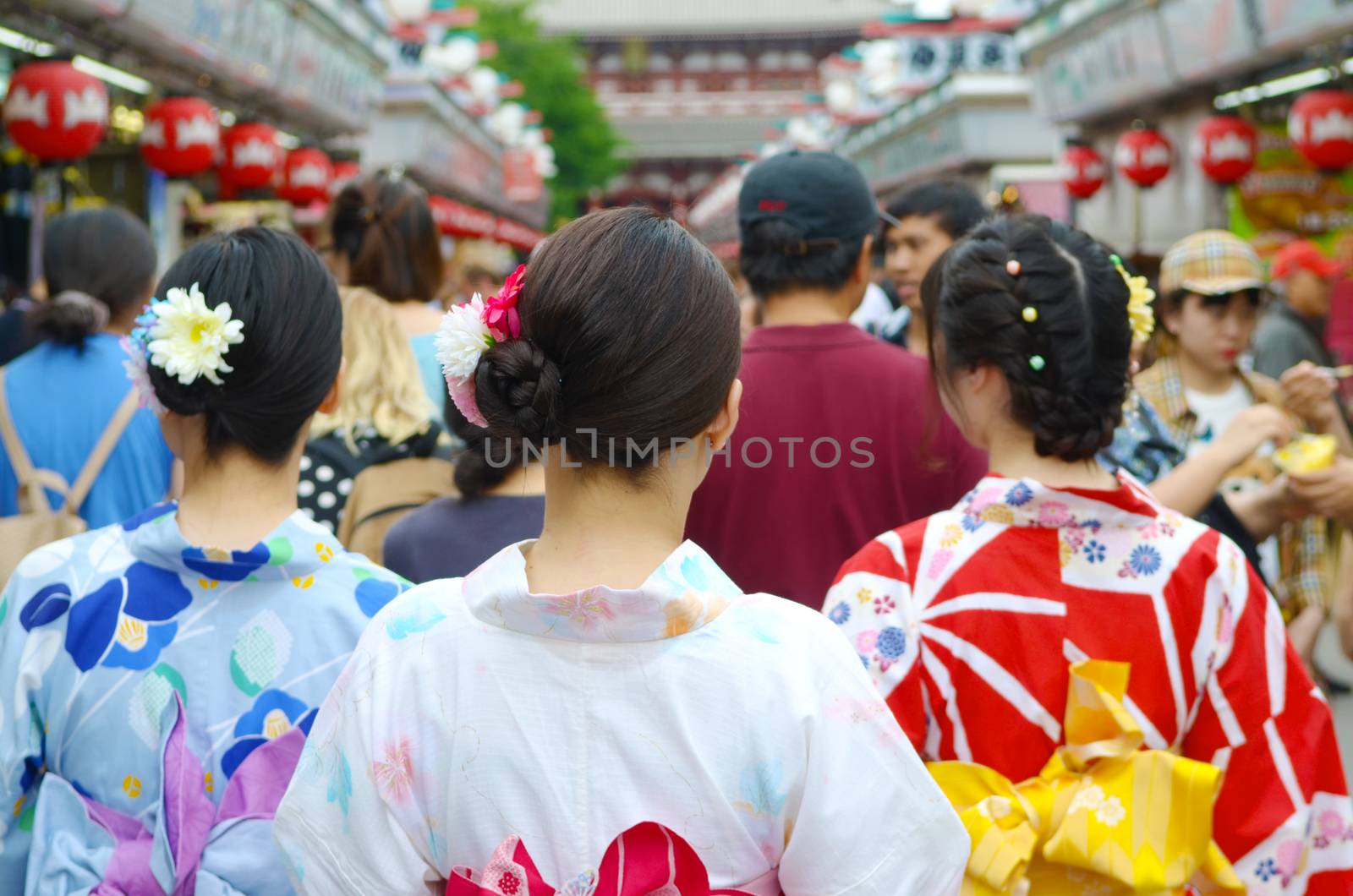 Kimono woman walking at Sensoji or Asakusa Kannon Temple Tokyo,Japan