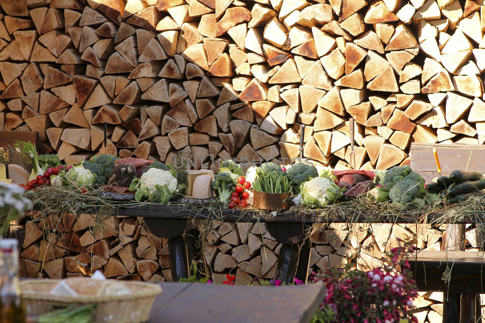 Food ready for an outdoor celebration in Switzerland. Green raw food Food ready for an outdoor celebration in Switzerland with wood logs as background on a long table
