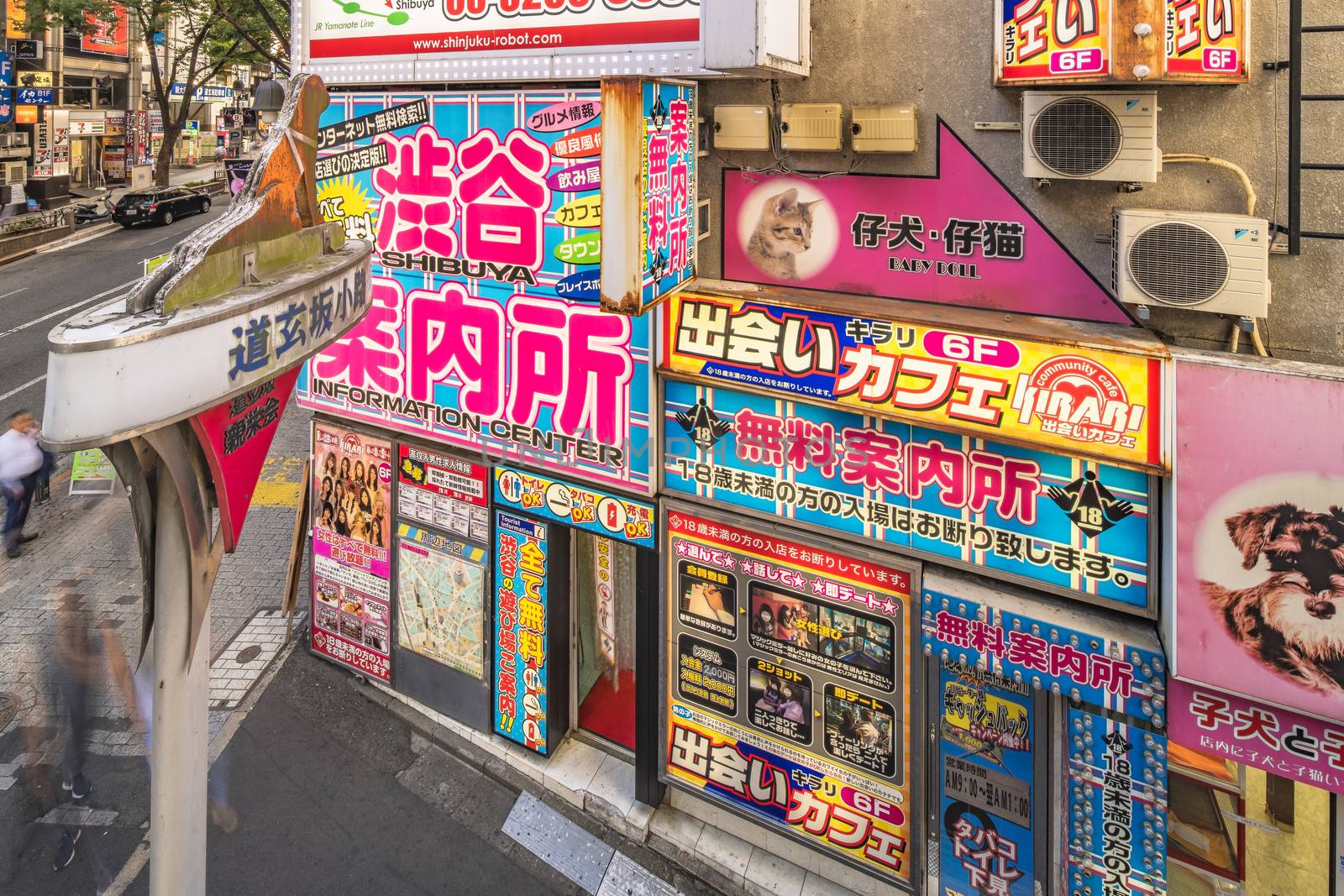 Small lane whose entrance is signaled by a lamppost overcomes a dog silhouette with many grooming salons for dogs and cats adjacent to the dogenzaka street leading to the Shibuya Crossing Intersection in front of Shibuya Station on a bright day blue sky .