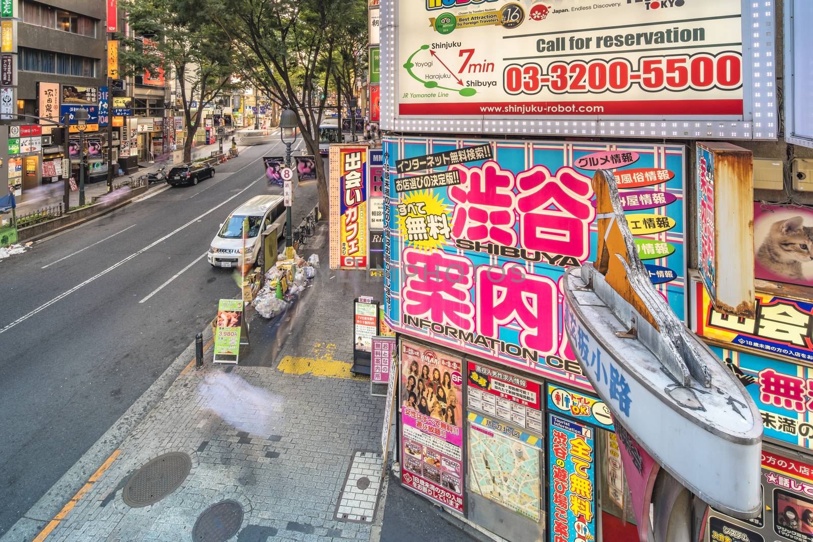 Small lane whose entrance is signaled by a lamppost overcomes a dog silhouette with many grooming salons for dogs and cats adjacent to the dogenzaka street leading to the Shibuya Crossing Intersection in front of Shibuya Station on a bright day blue sky .