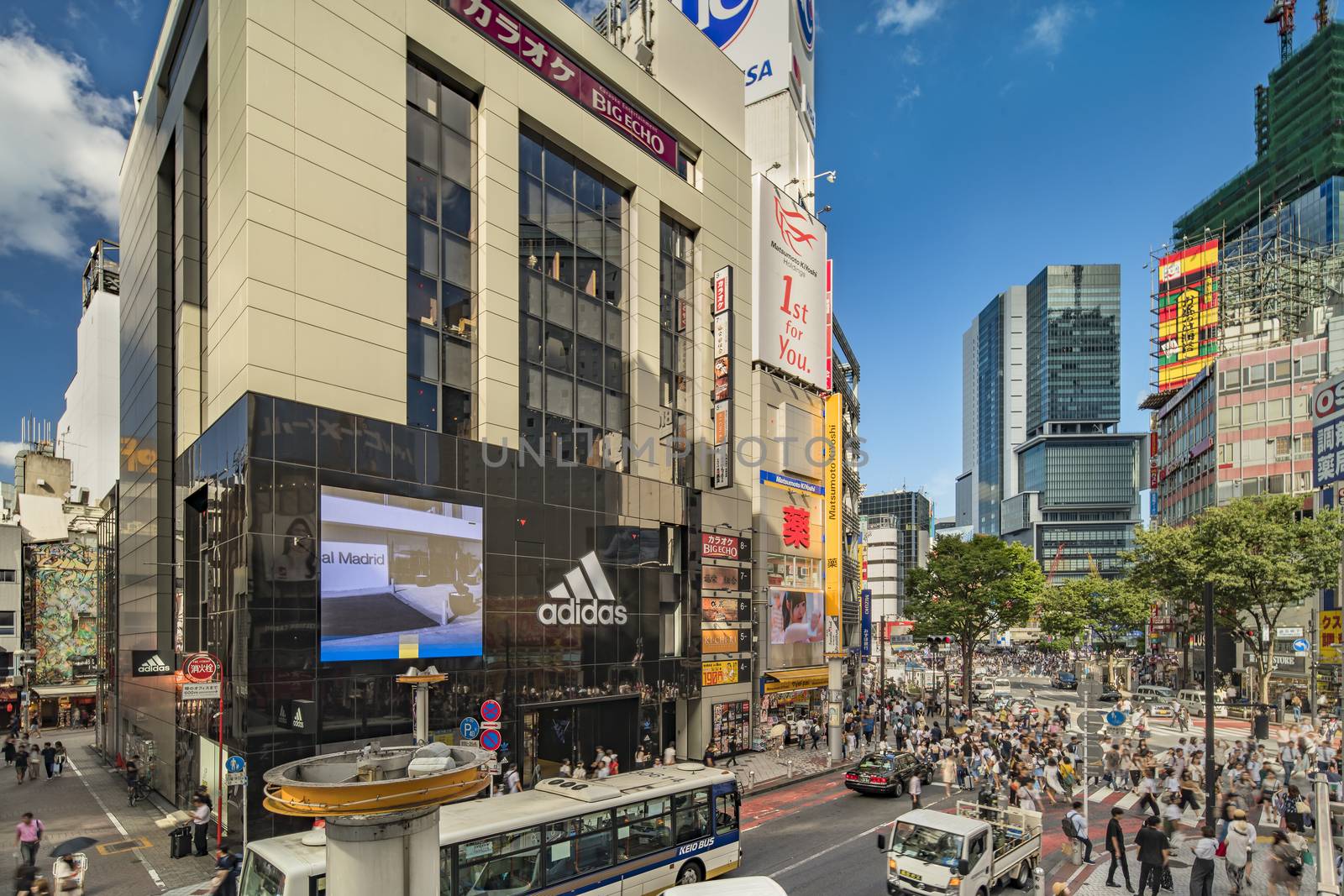 Shibuya Crossing Intersection in front of Shibuya Station on a bright day blue sky.