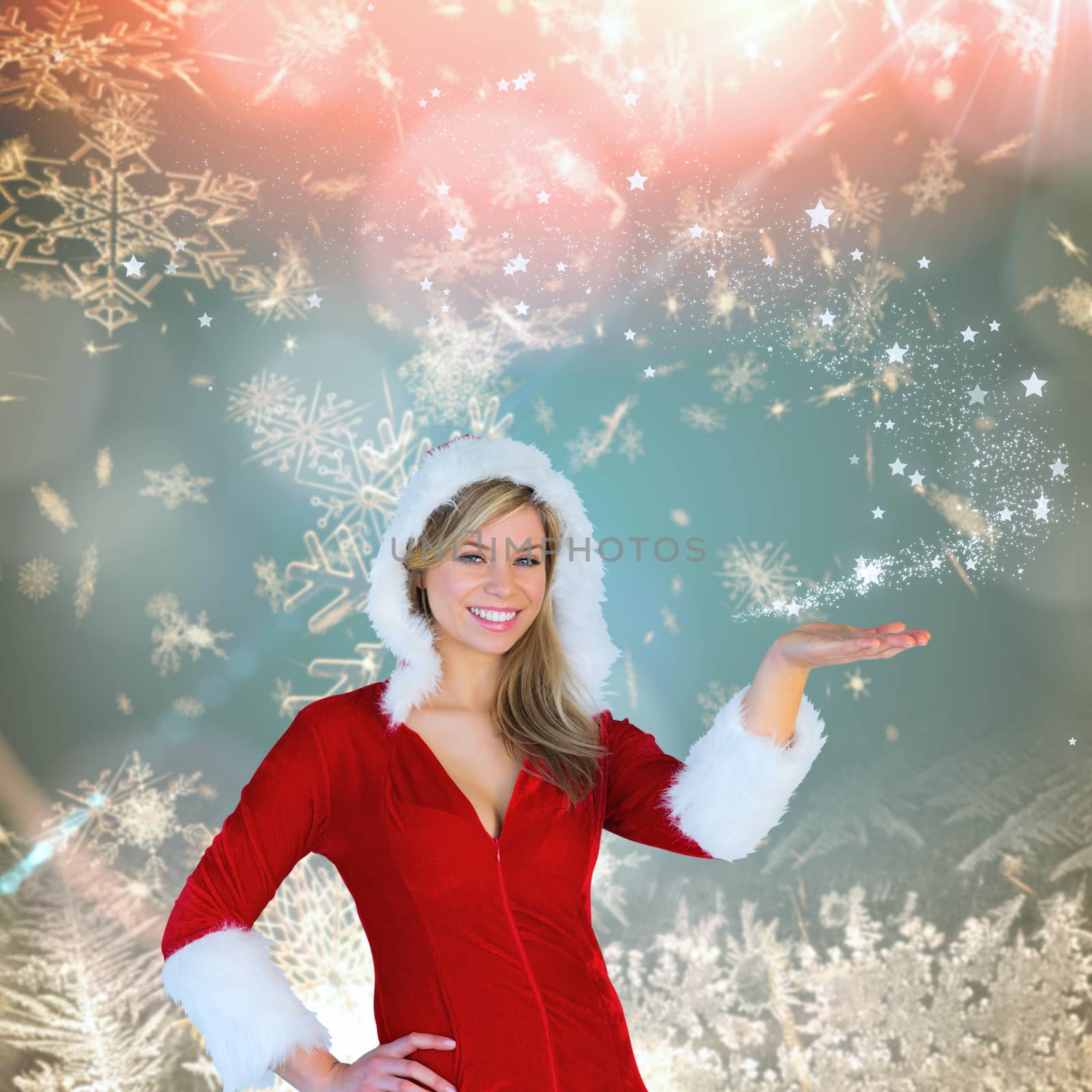 Pretty girl presenting in santa outfit against cream snow flake pattern design