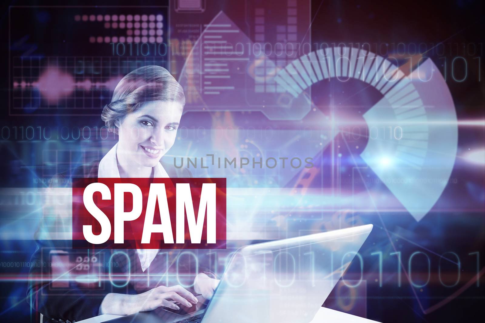 The word spam and redhead businesswoman using her laptop against blue technology interface with dial 