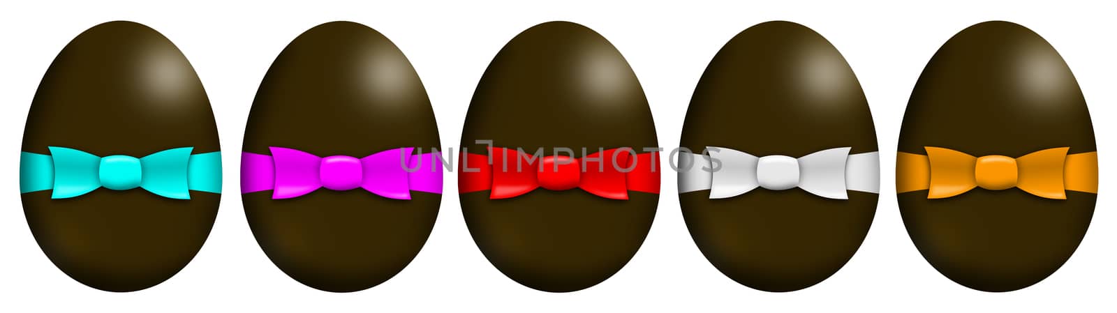 Five easter eggs with blue pink red silver gold ribbons illustration on white with clipping path