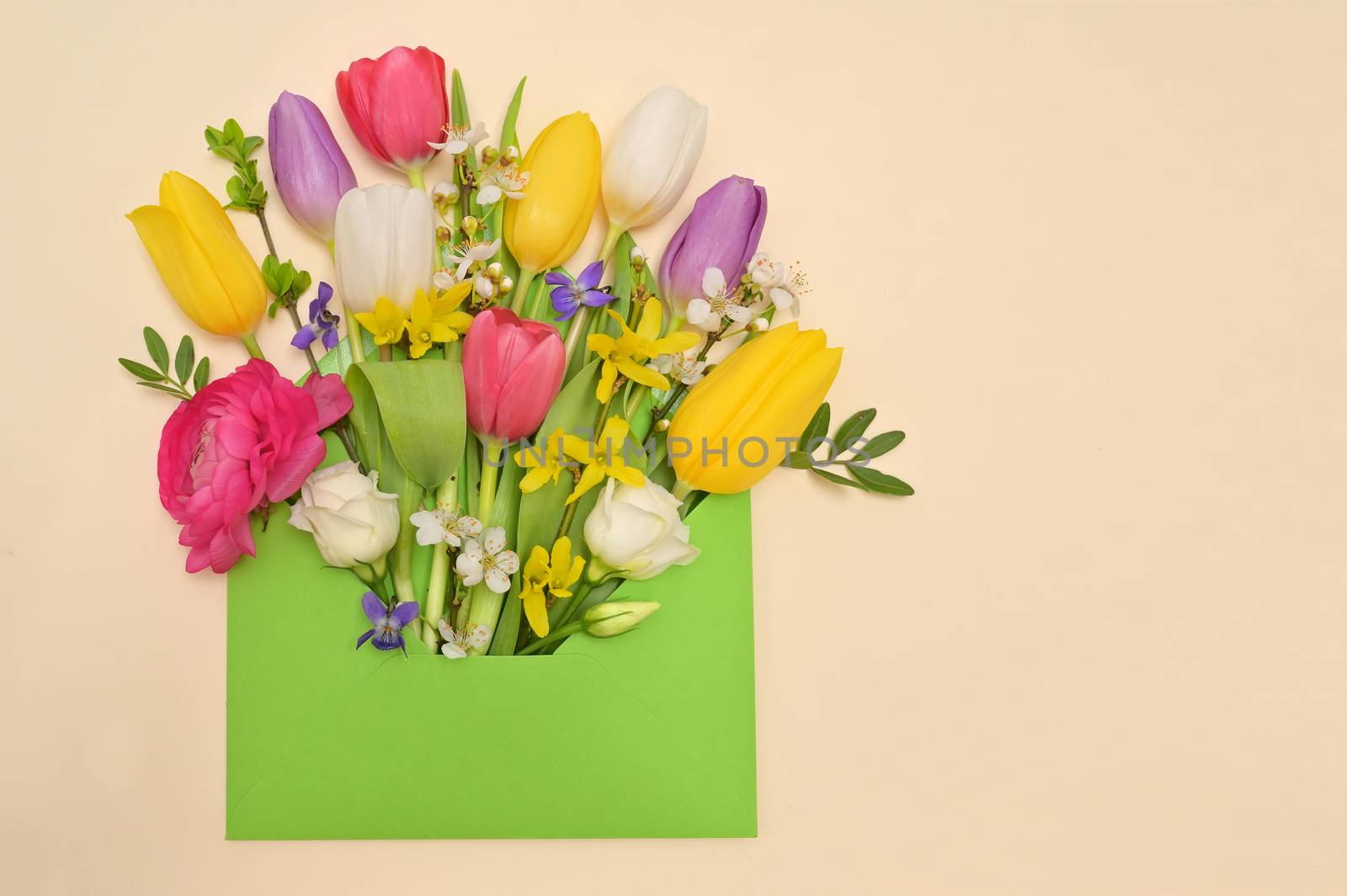 Conceptual Colorful Spring Flowers And Envelope