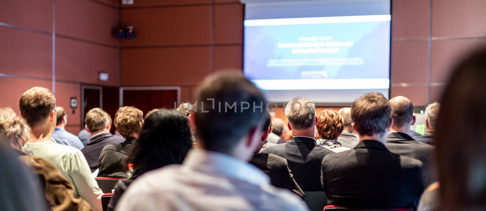 Business and entrepreneurship symposium. Speaker giving a talk at business meeting. Audience in conference hall. Rear view of unrecognized participant in audience.