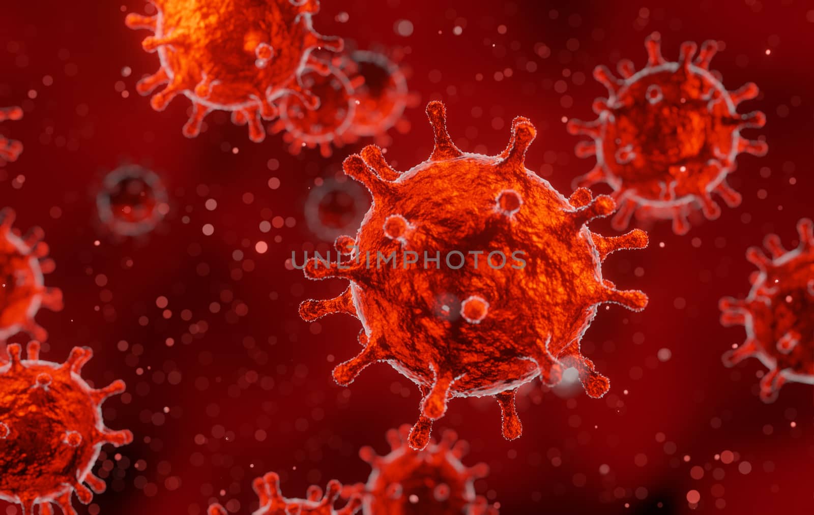 corona virus 2019-ncov flu outbreak, microscopic view of floating influenza virus in blood, SARS pandemic risk concept, 3D rendering medical background