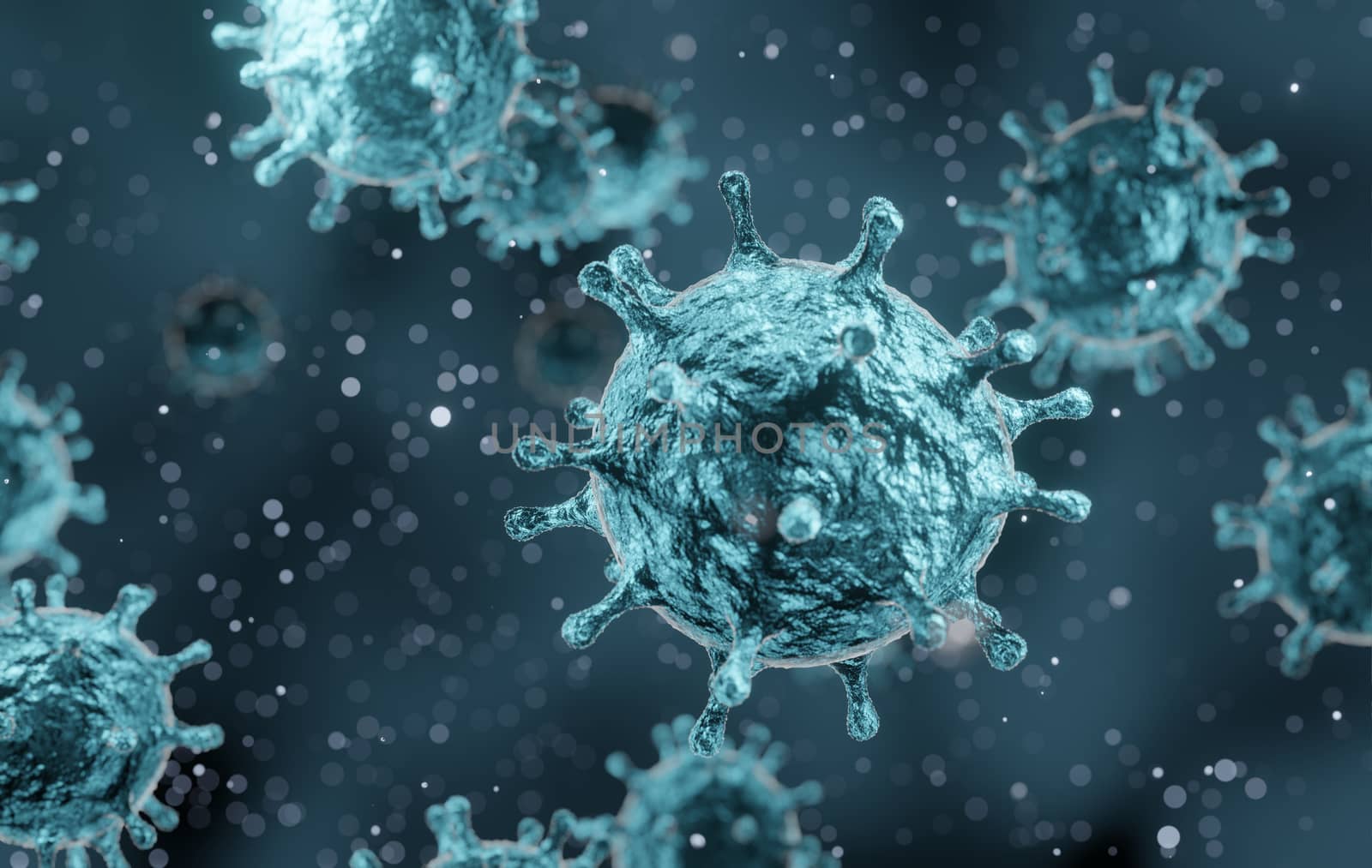 corona virus 2019-ncov flu outbreak, microscopic view of floating influenza virus cells, SARS pandemic risk concept, 3D rendering