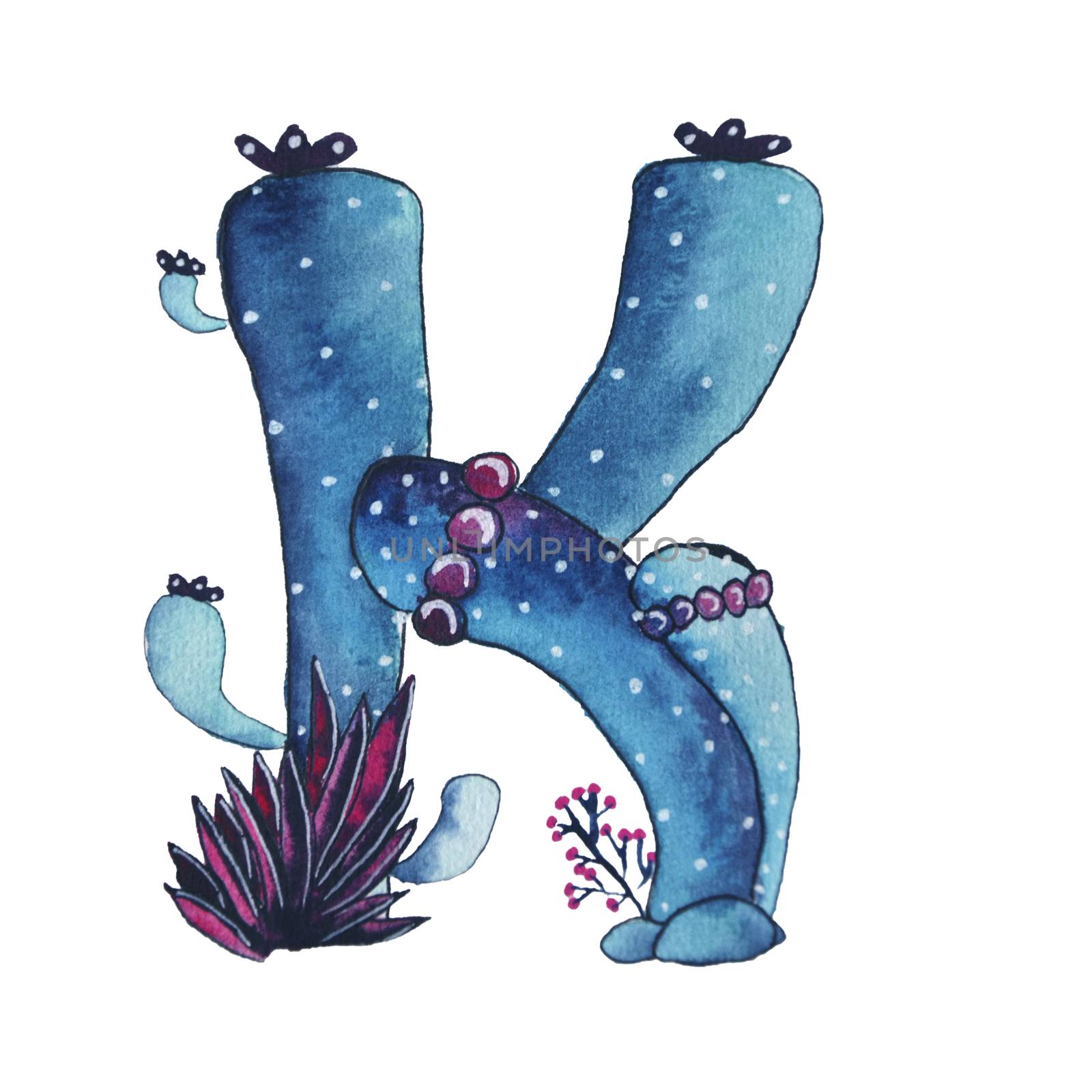 K letter in the form of cactus in blue colors, green eco English letter Illustration on a white background, watercolor illustration