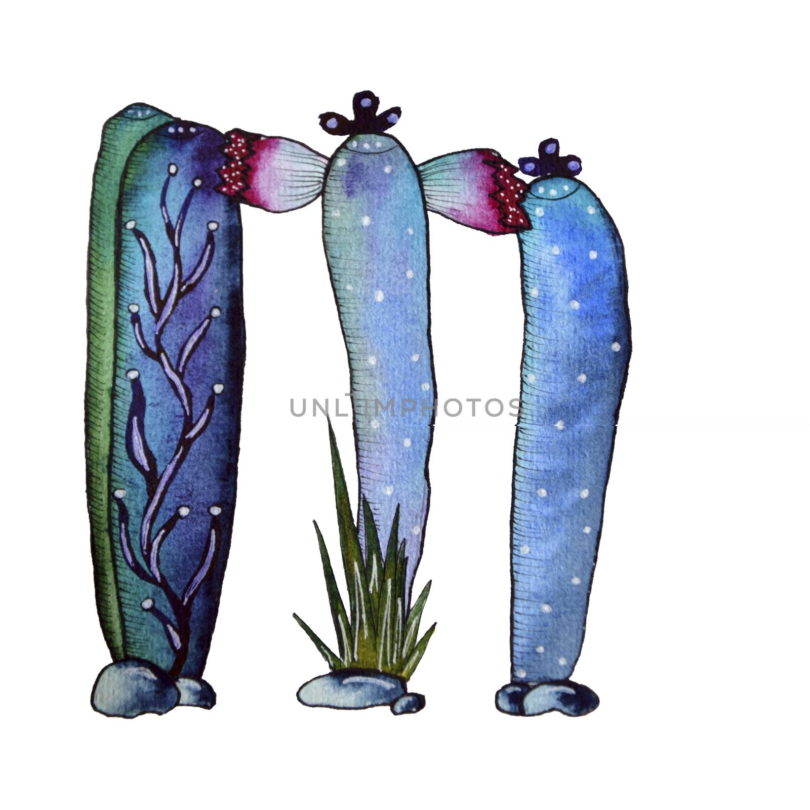 M letter in the form of cactus in blue colors, green eco English letter Illustration on a white background, watercolor illustration