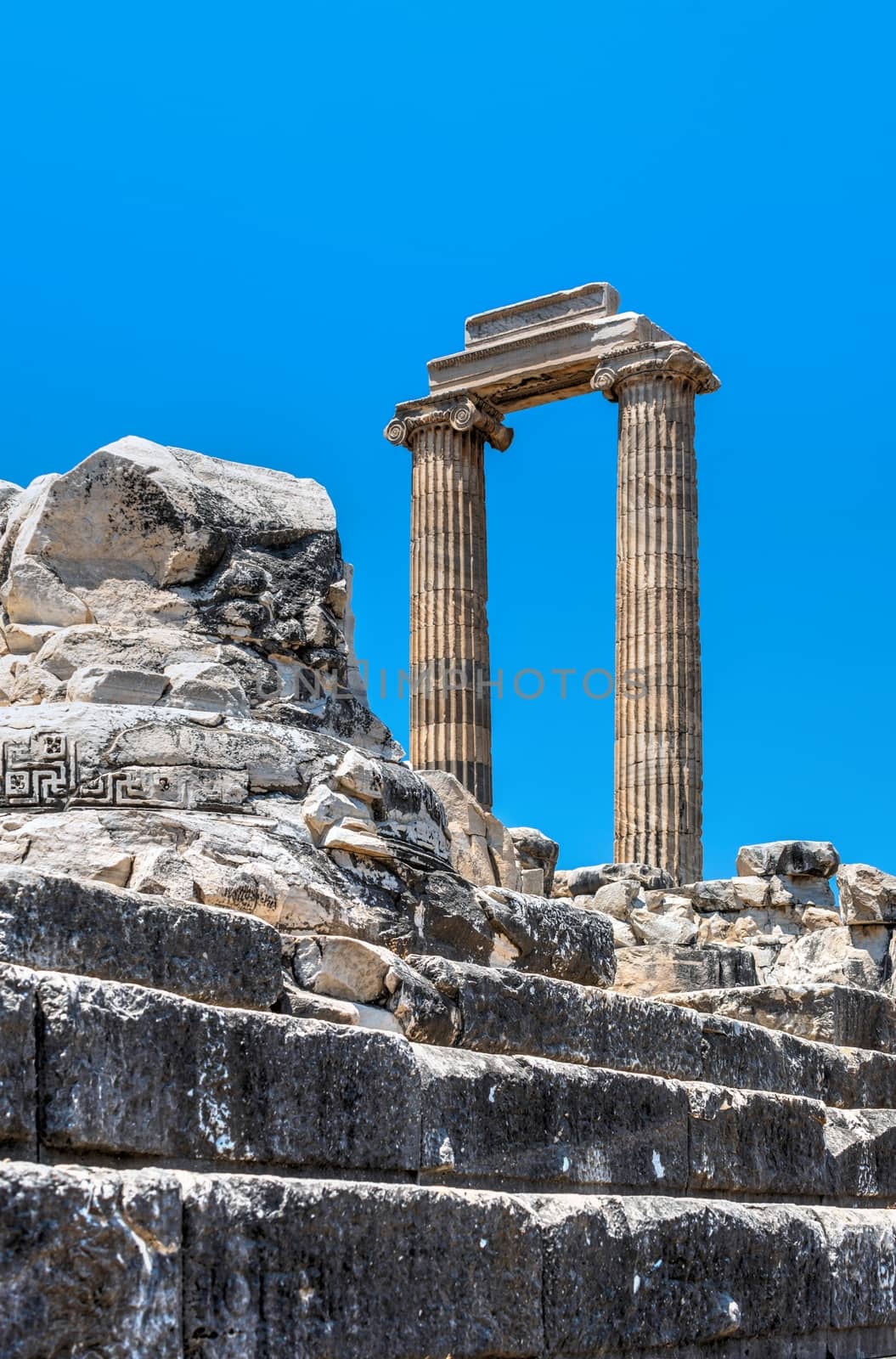 Broken Ionic Columns in the Temple of Apollo at Didyma, Turkey, on a sunny summer day