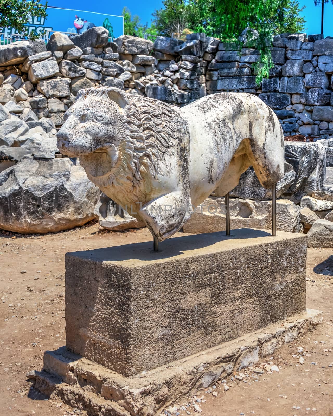 Sculptures and details of the columns of the Temple of Apollo at Didyma, Turkey, on a sunny summer day