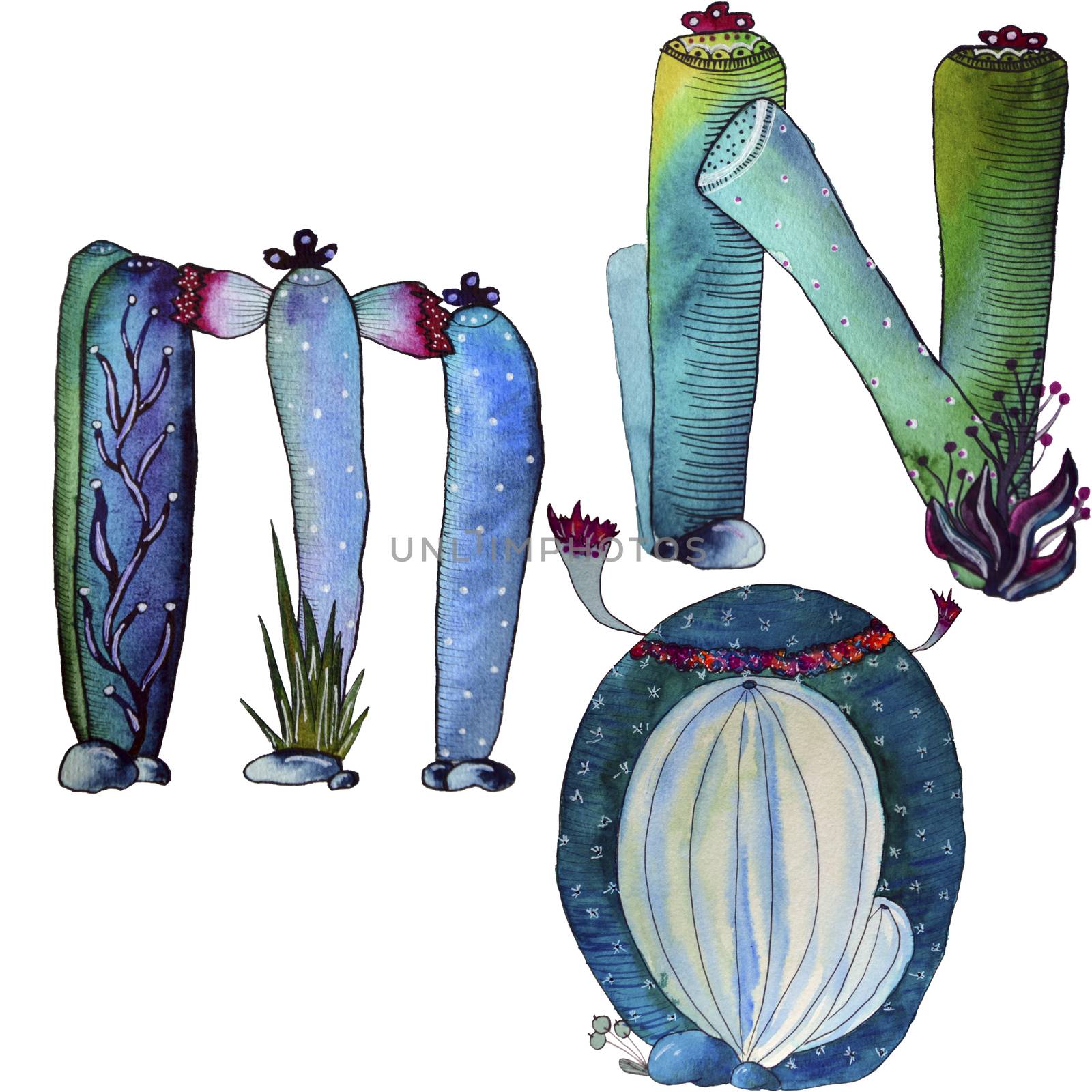 M, N, O letters in the form of cactus in blue colors, green eco English letter Illustration on a white background, watercolor illustration