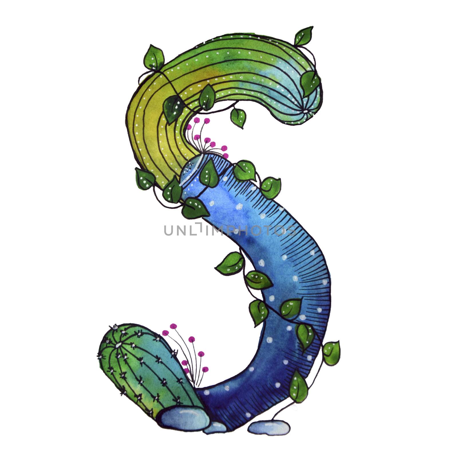 S letter in the form of cactus in blue colors, green eco English letter Illustration on a white background, watercolor illustration