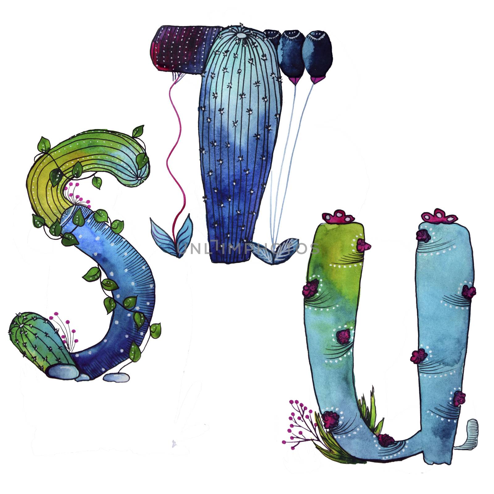 S, T, U letter in the form of cactus in blue colors, green eco English letter Illustration on a white background by kimbo-bo