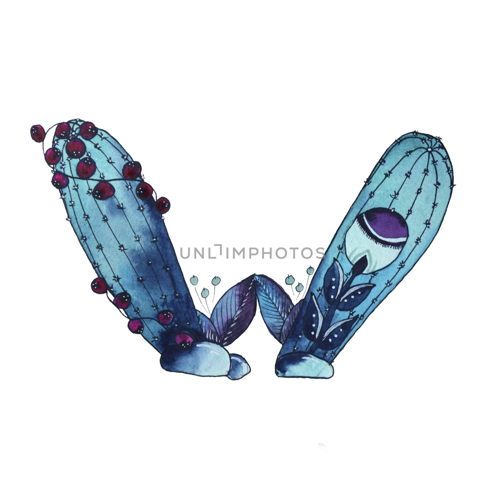 W letter in the form of cactus in blue colors, green eco English letter Illustration on a white background, watercolor illustration