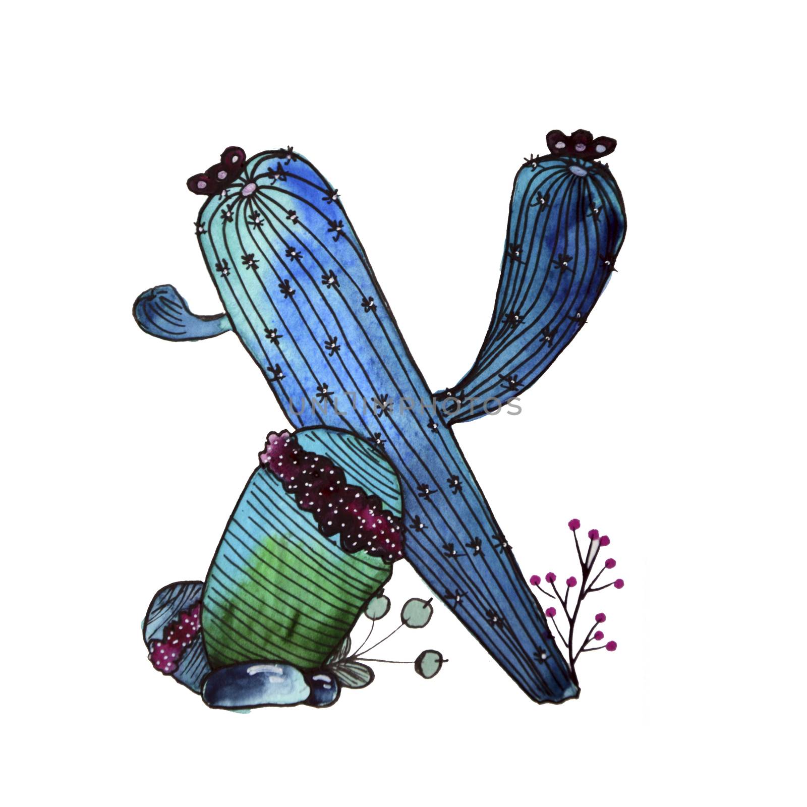 X letter in the form of cactus in blue colors, green eco English letter Illustration on a white background by kimbo-bo