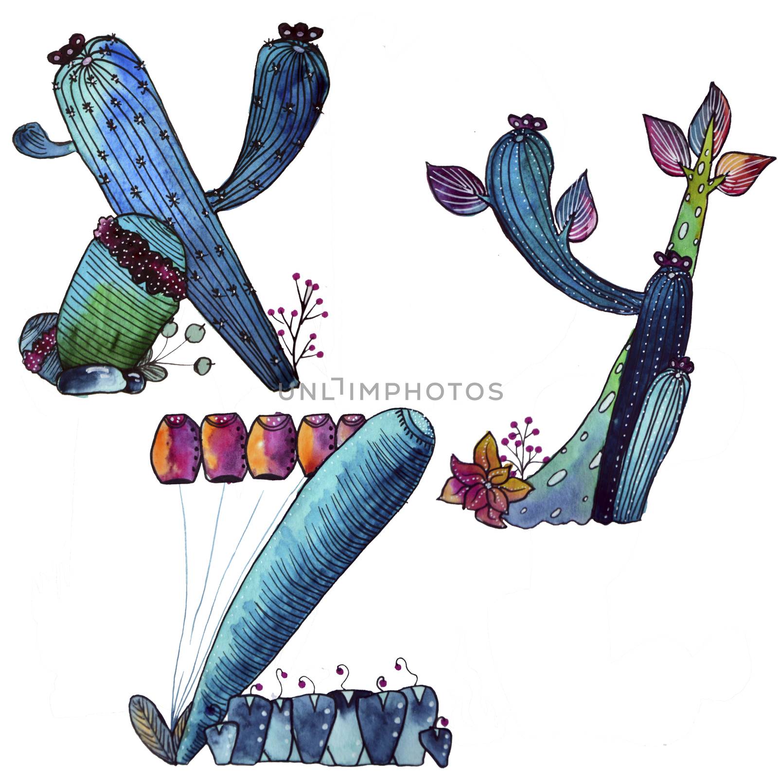 X, Y, Z letter in the form of cactus in blue colors, green eco English letter Illustration on a white background, watercolor illustration