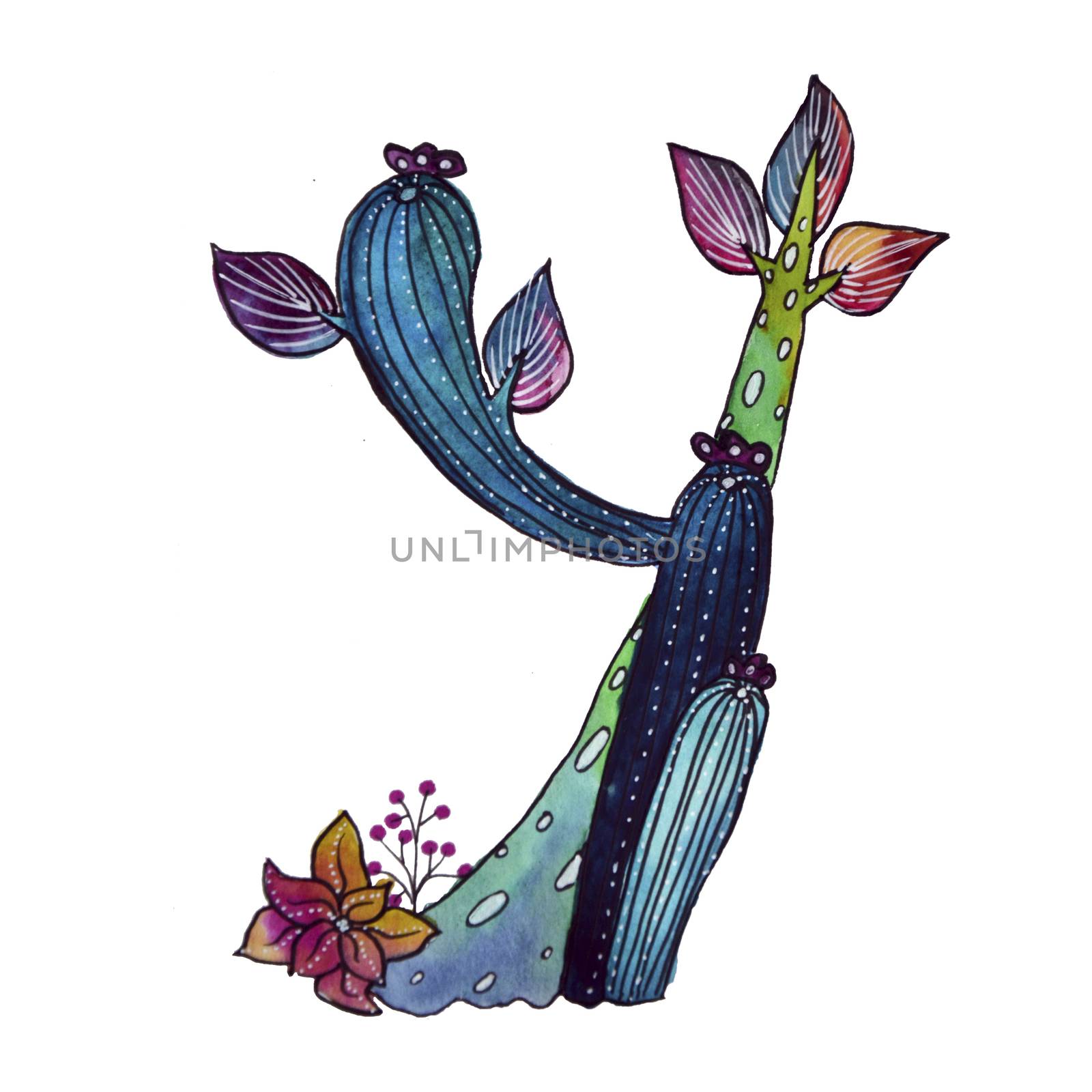 Y letter in the form of cactus in blue colors, green eco English letter Illustration on a white background by kimbo-bo