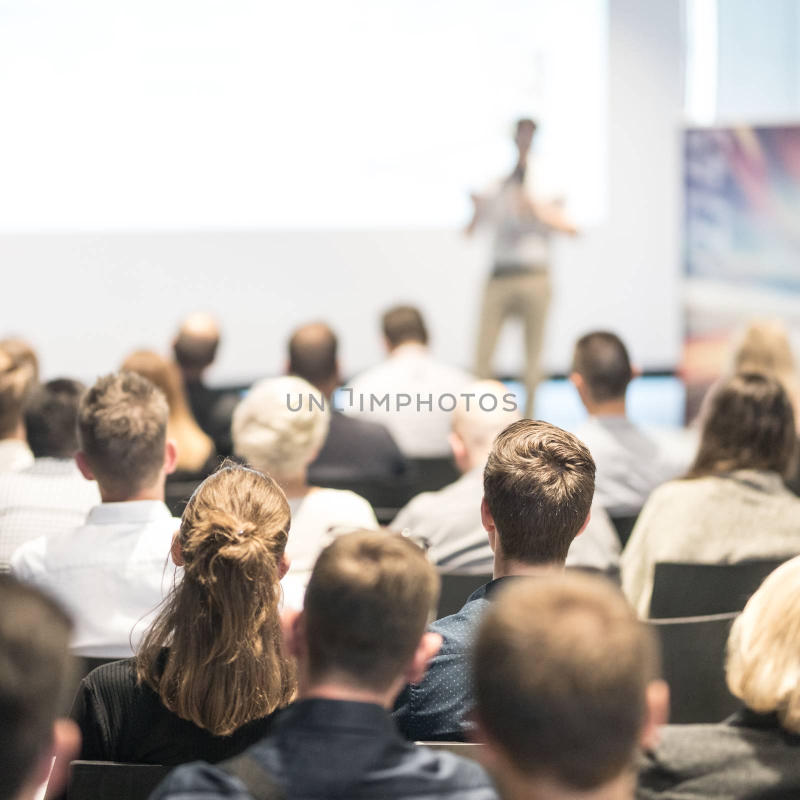 Business and entrepreneurship symposium. Speaker giving a talk at business meeting. Audience in conference hall. Rear view of unrecognized participant in audience.