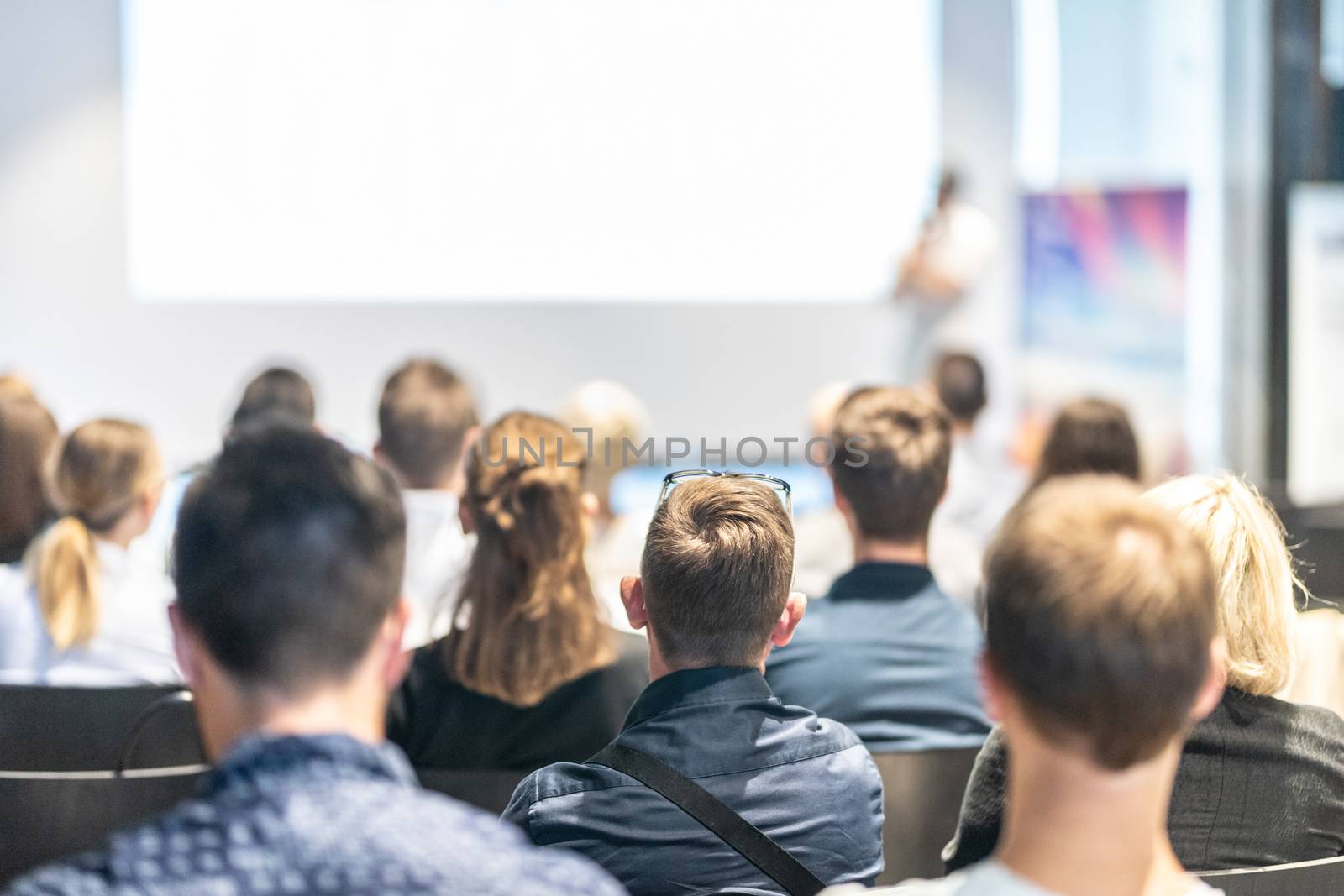 Business and entrepreneurship symposium. Speaker giving a talk at business meeting. Audience in conference hall. Rear view of unrecognized participant in audience.