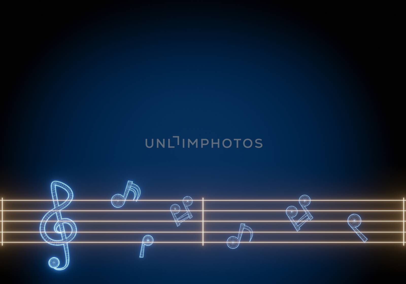 Neon wireframe 3D music note in darkness classic blue background. Closeup and copy space for text. Concept of music in the calmness of the night.