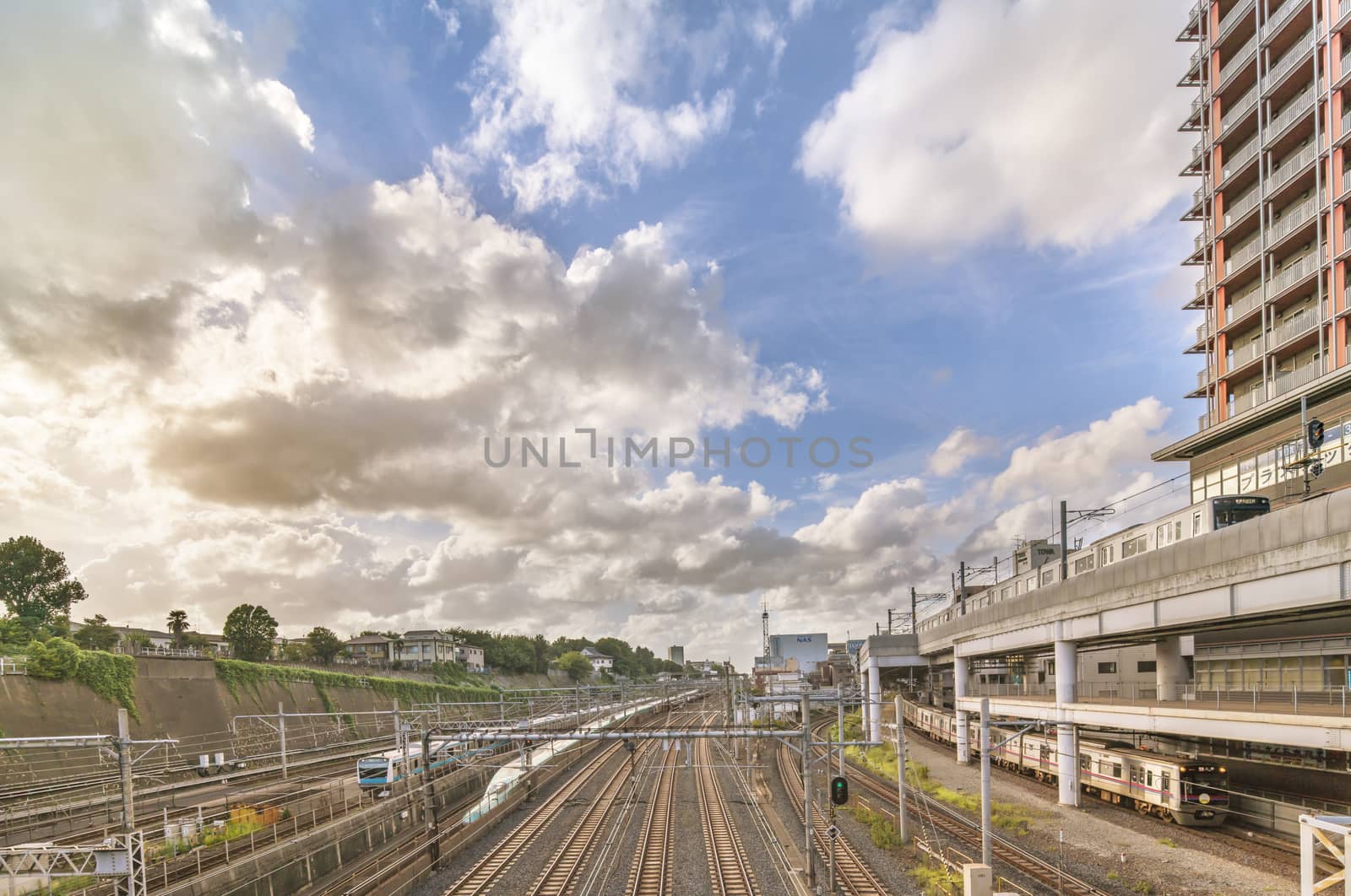 View from the Shimogoindenbashi Bridge called the Train Museum which allows to observe the 2500 trains that pass each day below in the Arakawa district at the north exit of the Nippori Station on the JR Yamanote Line in Tokyo. The bridge dating back to the 1930s has been renovated several times to adapt to the evolution of traffic and was completed in its current form in 1988.