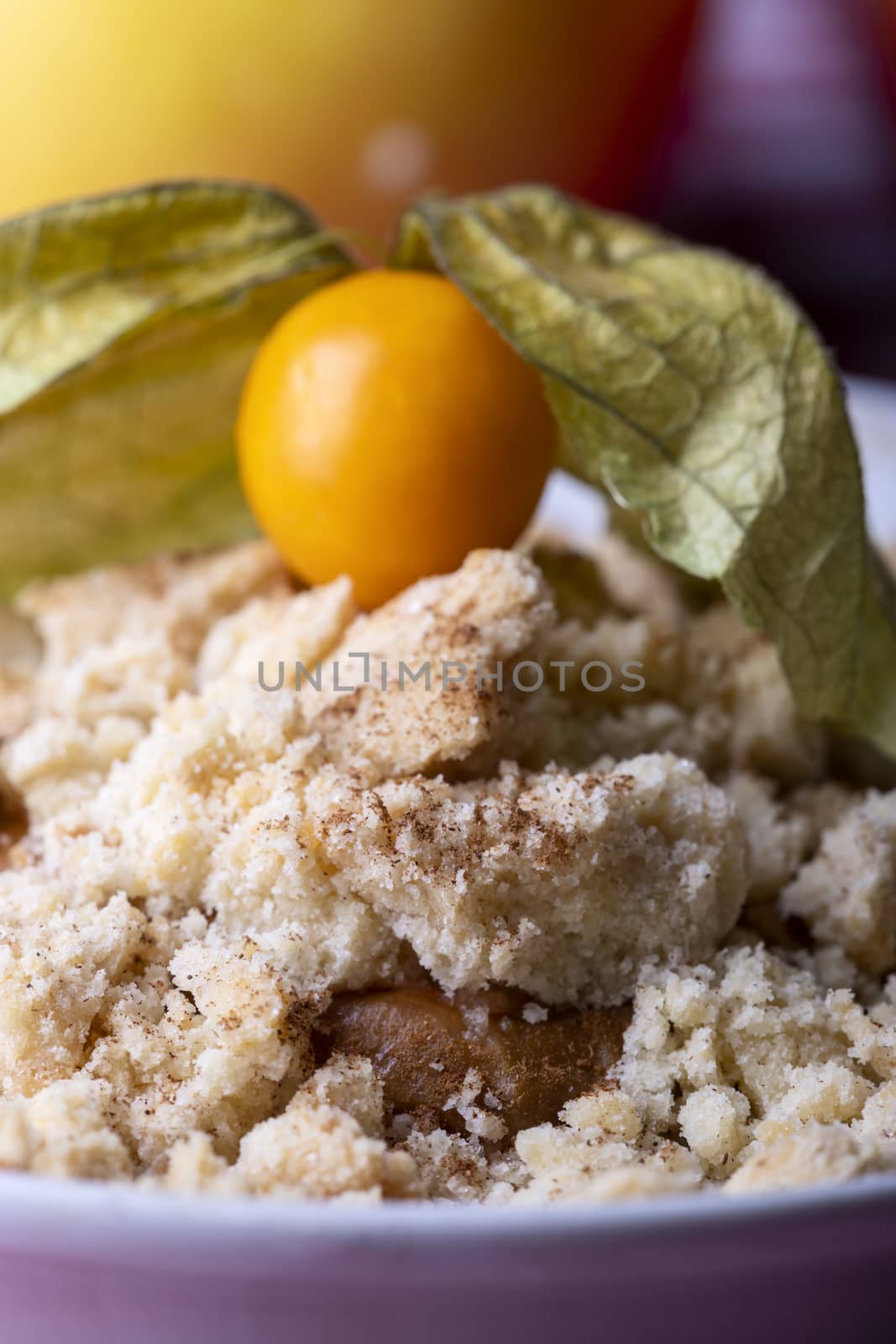 closeup of a portion of apple crumble by bernjuer